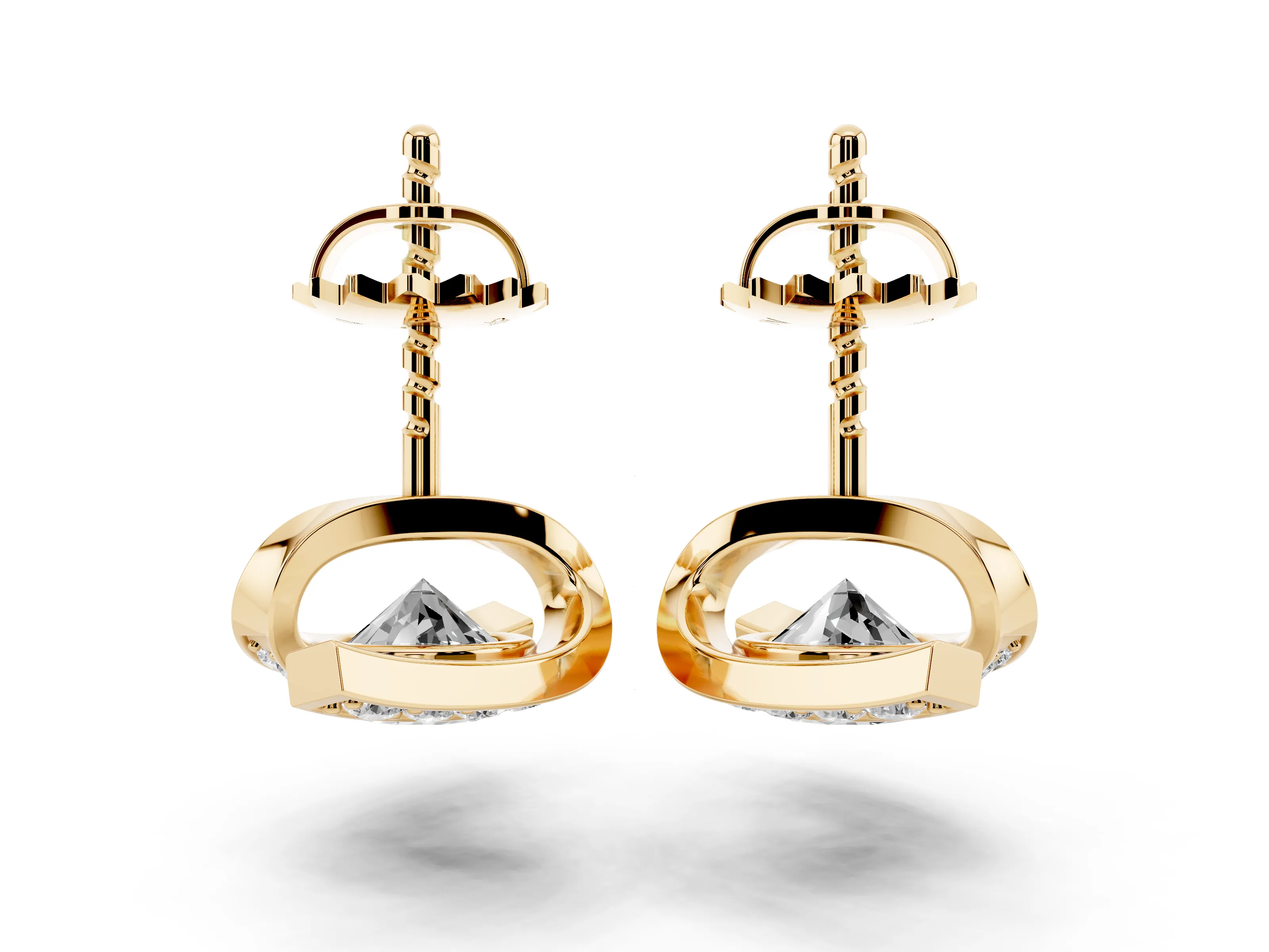 Round Diamond Curve Wave Stud Earrings Set in Yellow gold with Pavé Accents