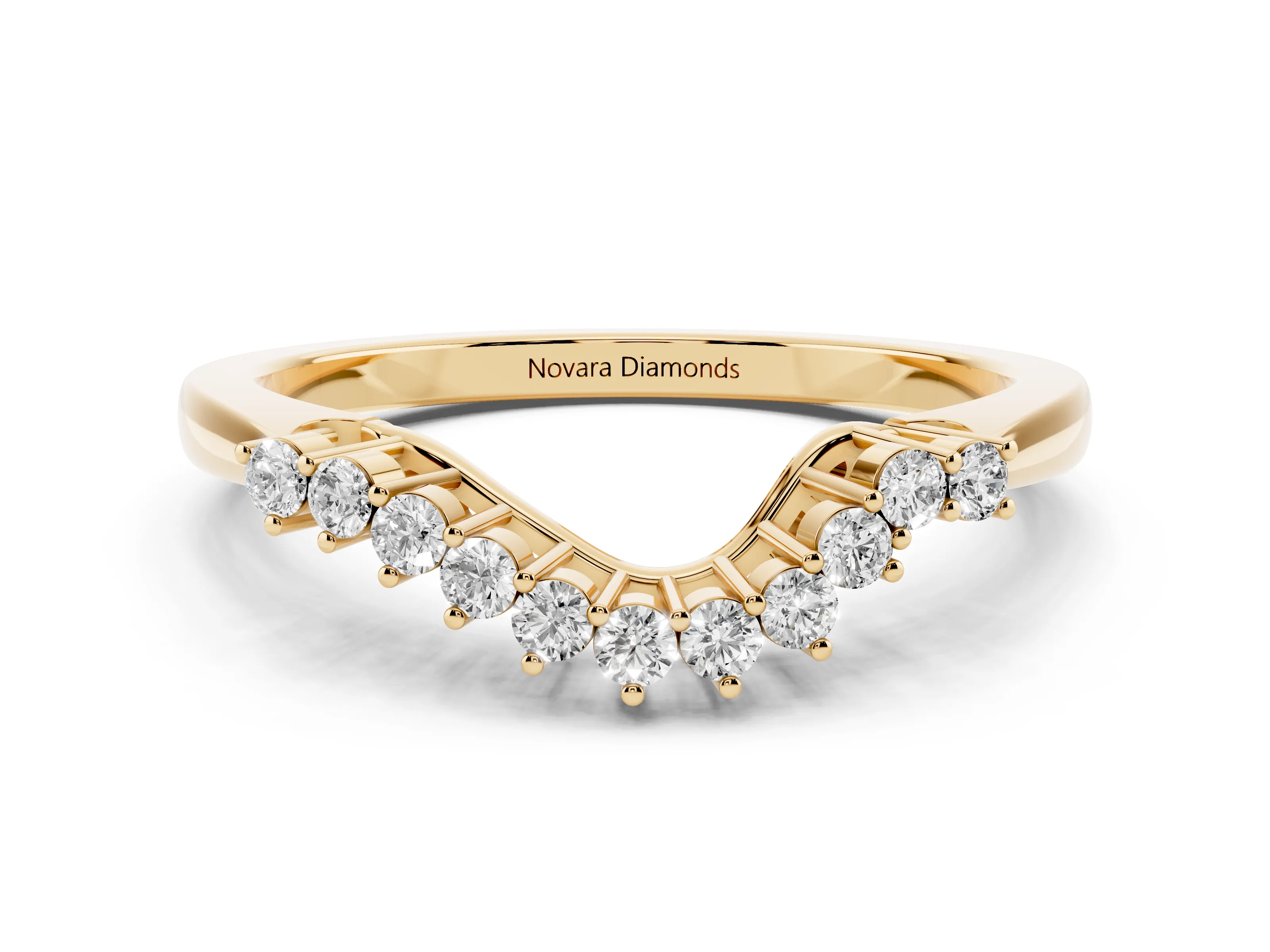 Round Diamond V-Shaped Band Set in Yellow gold with Prong-Set Row