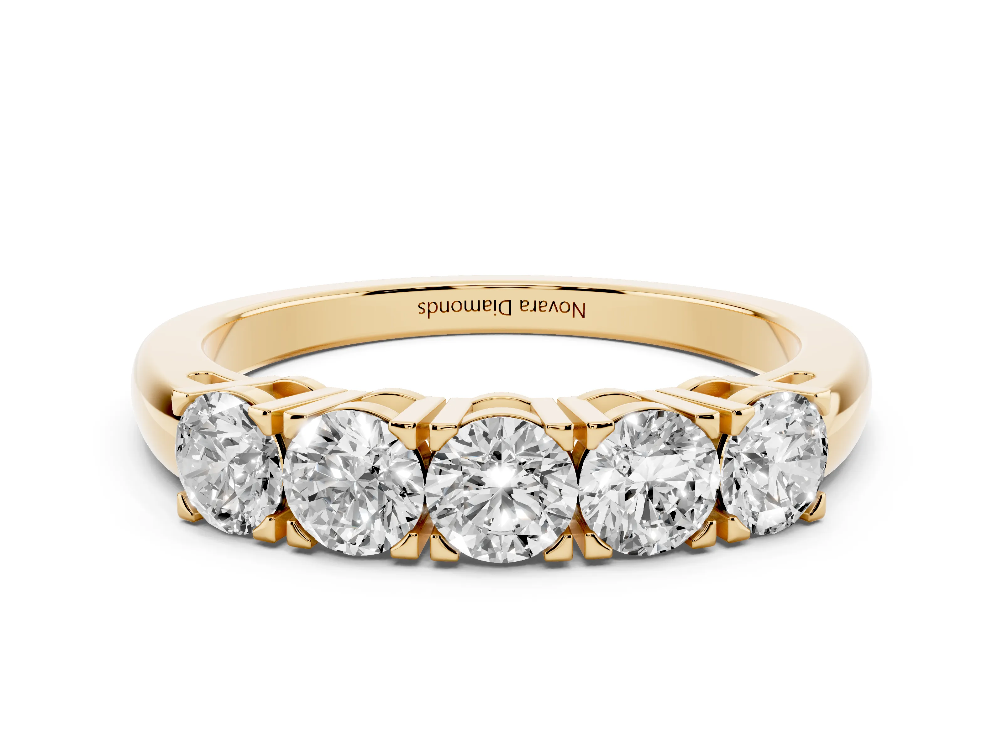 Five-Stone Round Diamond Aligned Row Band Set in Yellow gold with Prong Setting