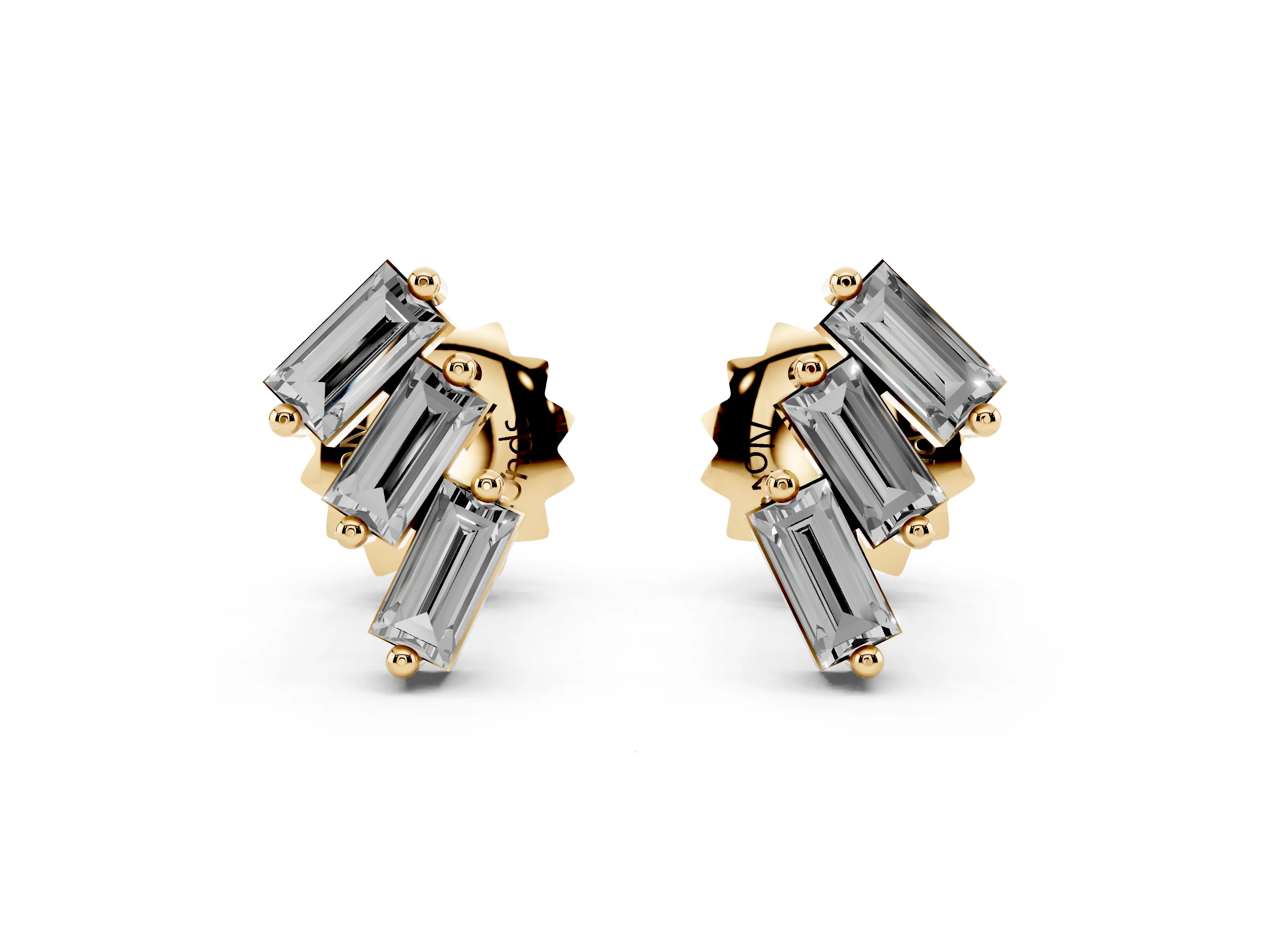 Baguette Lab-Grown Diamond Staggered Three Stone Stud Earrings | Diagonal Cascade | Yellow Gold