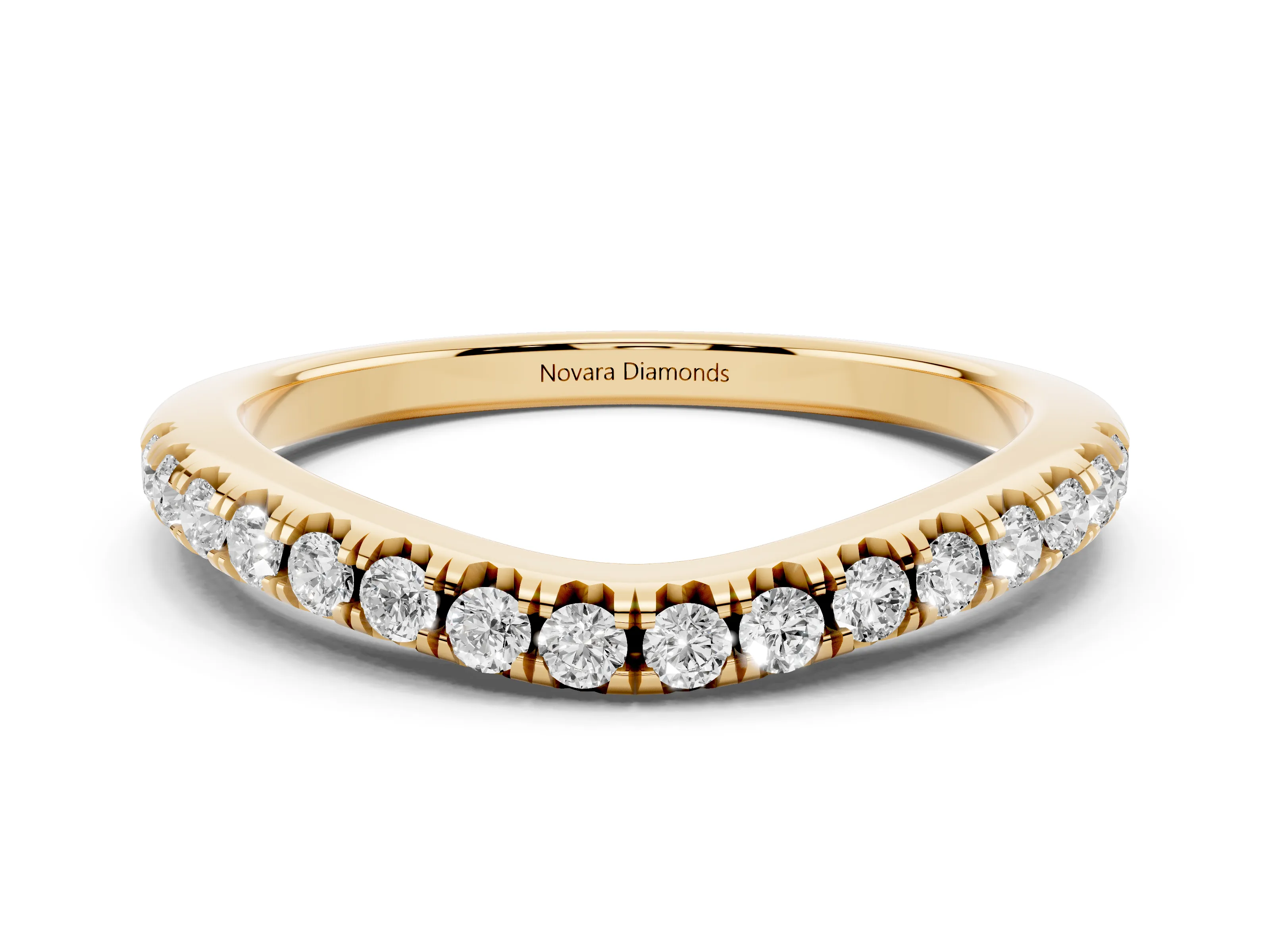 Round Diamond Curved Pavé Band Set in Yellow gold with Shared Prong Row