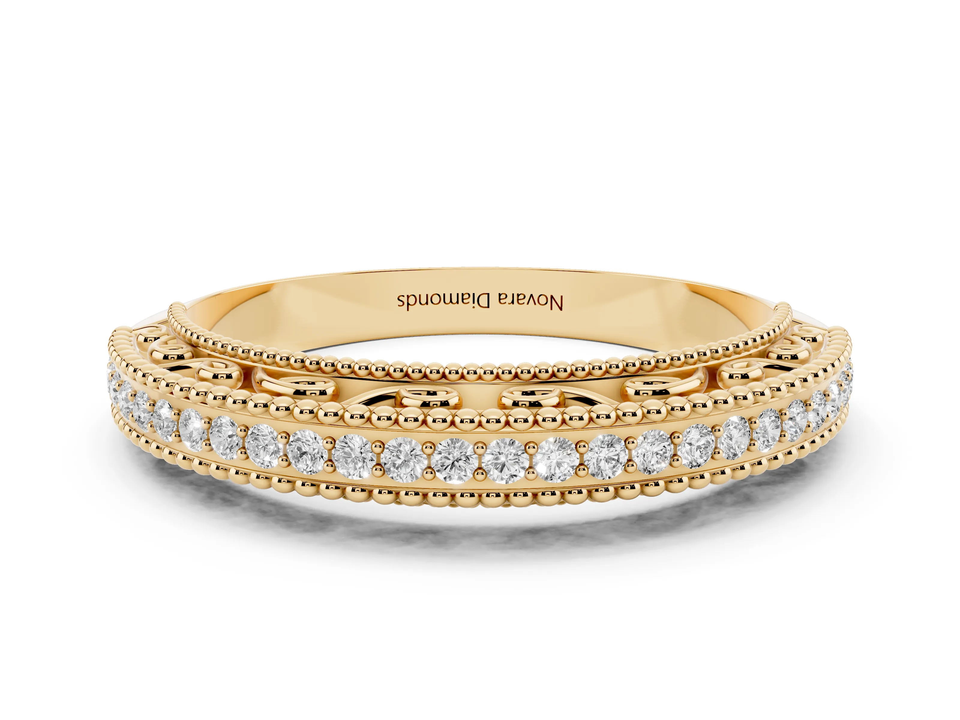 Round Diamond Pavé Eternity Band Set in Yellow gold with Milgrain Edges