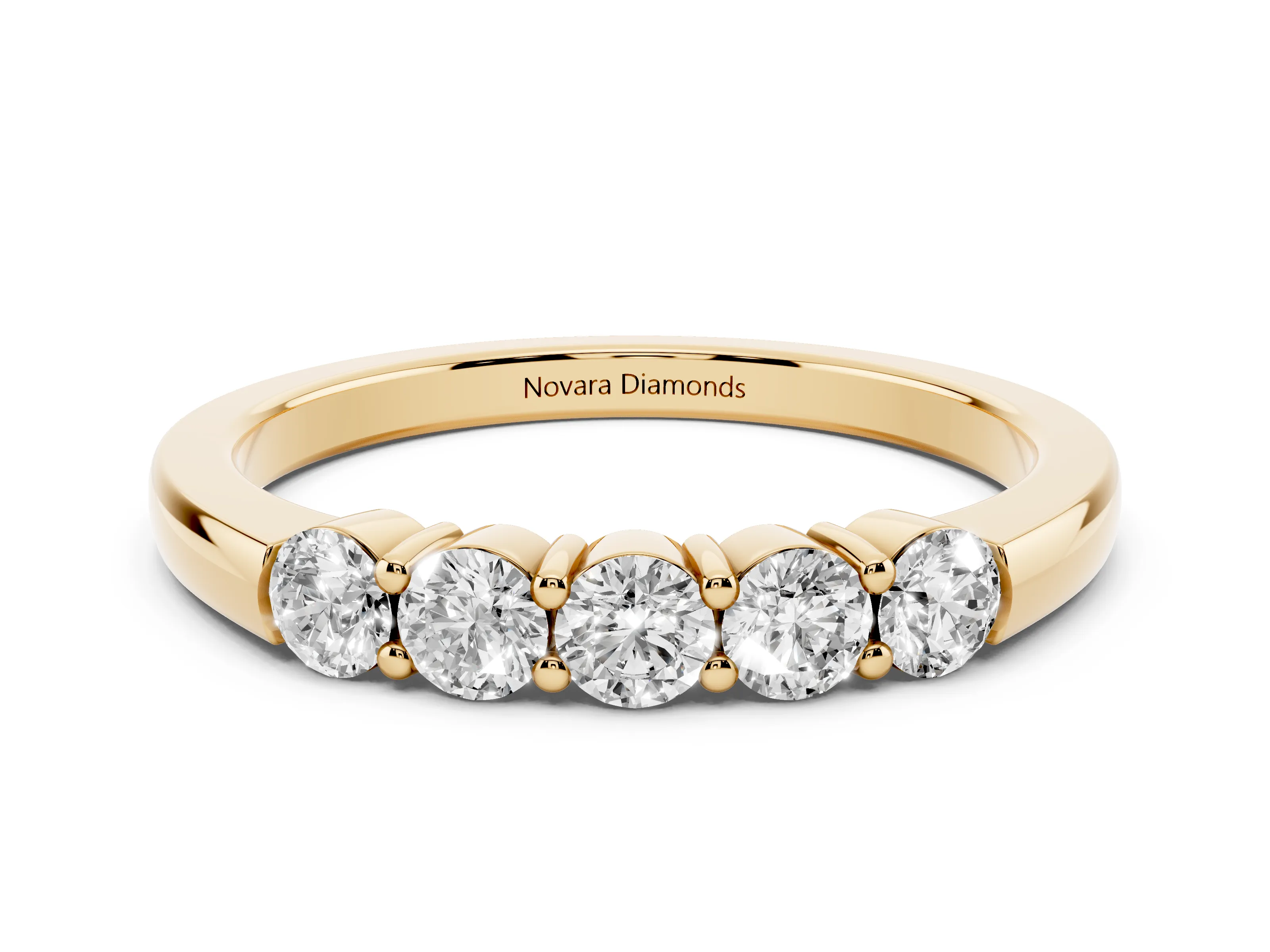 Five-Stone Round Diamond Channel Band Set in Yellow gold with Shared Prong Setting