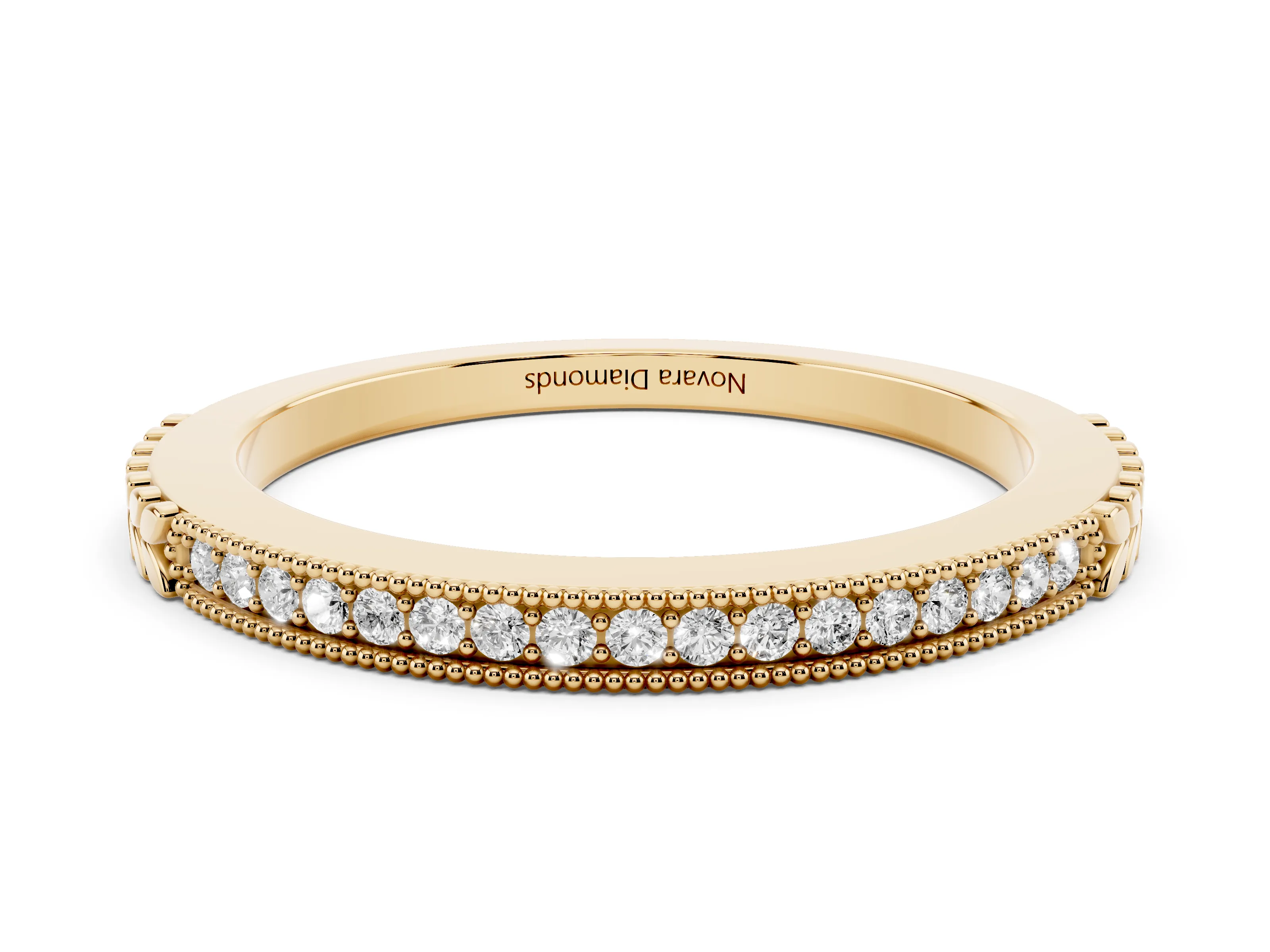 Round Cut Diamond Pavé Eternity Band Set in Yellow gold with Beaded Milgrain Edge