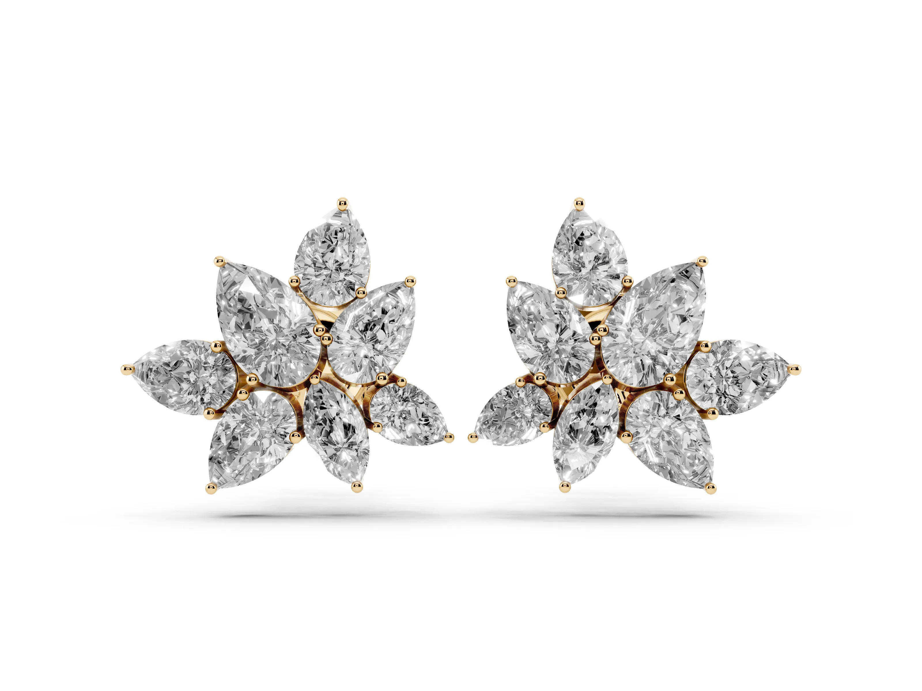 Pear-Shaped and Marquise Lab-Grown Diamond Floral Cluster Studs | Petal Spray | Yellow Gold