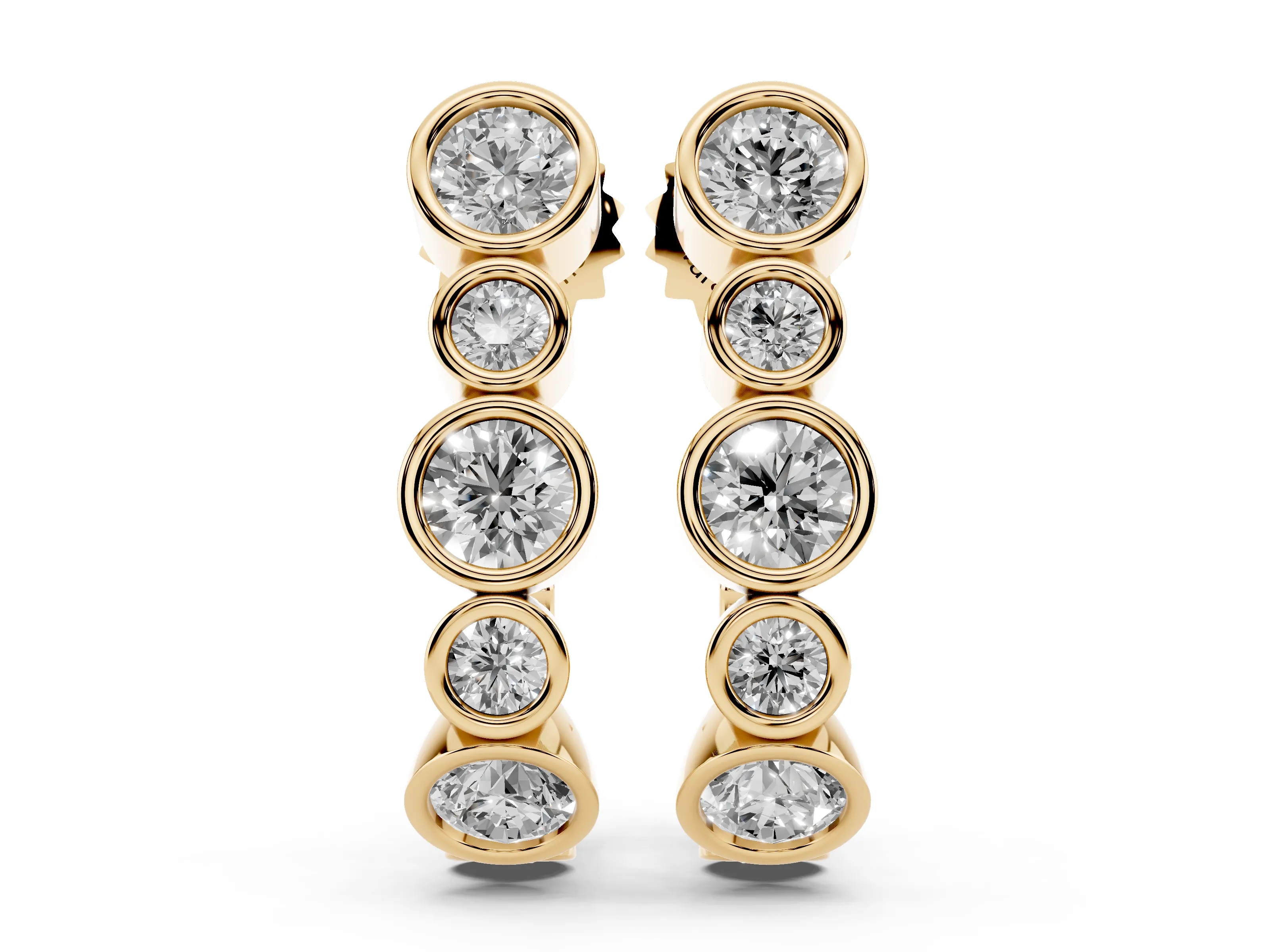 Round Lab-Grown Diamond Bezel J-Hoop Earrings | Large and Small Bezels | Yellow Gold