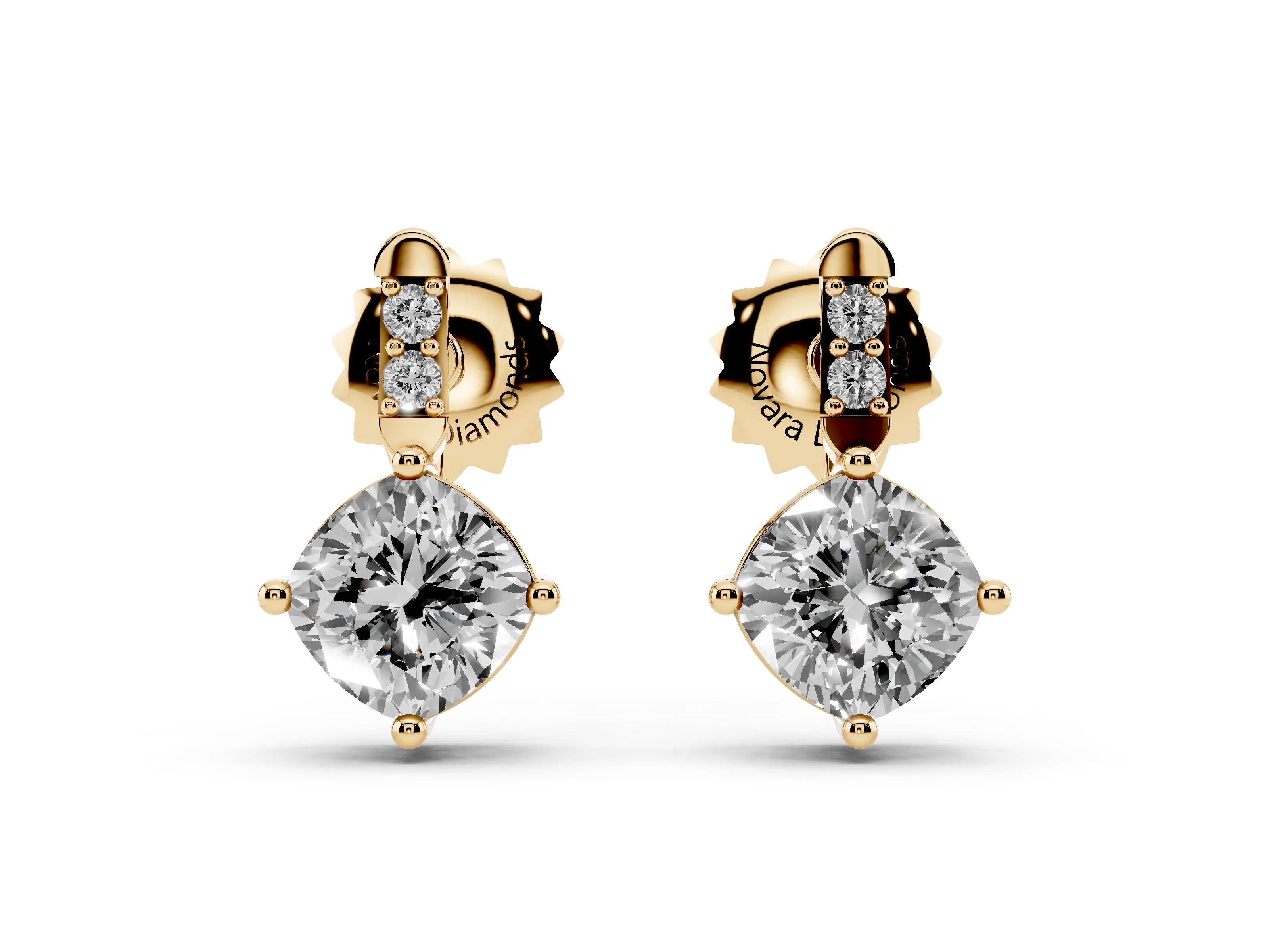 Cushion Cut Lab-Grown Diamond On-Point Drop Earrings | Two-Stone Bar | Yellow Gold