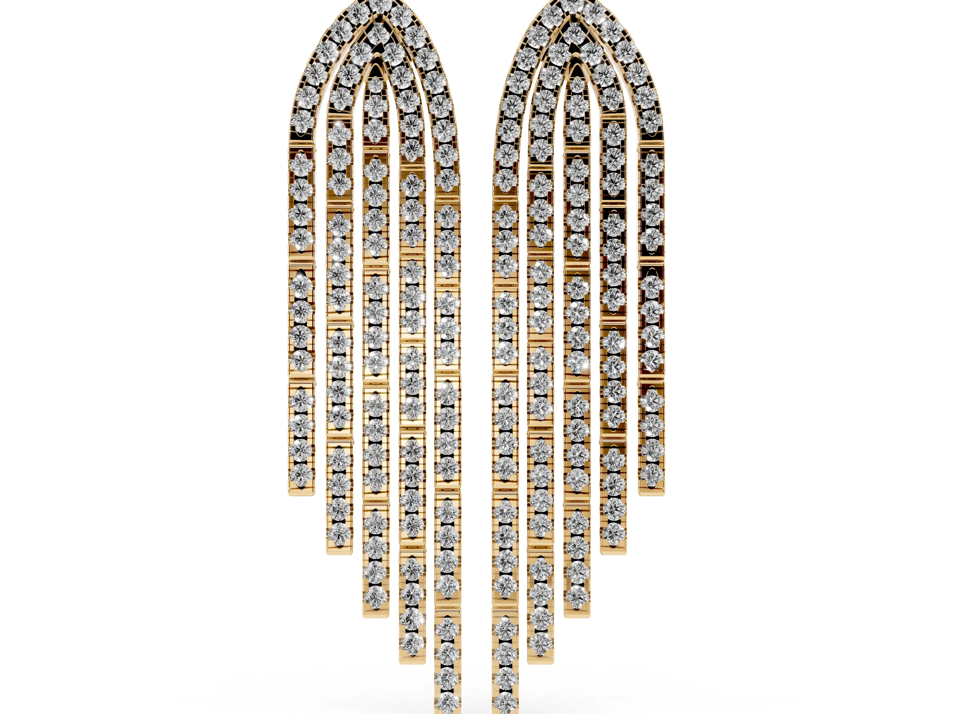 Round Lab-Grown Diamond Pavé Waterfall Drop Earrings | Five Open Rows | Yellow Gold