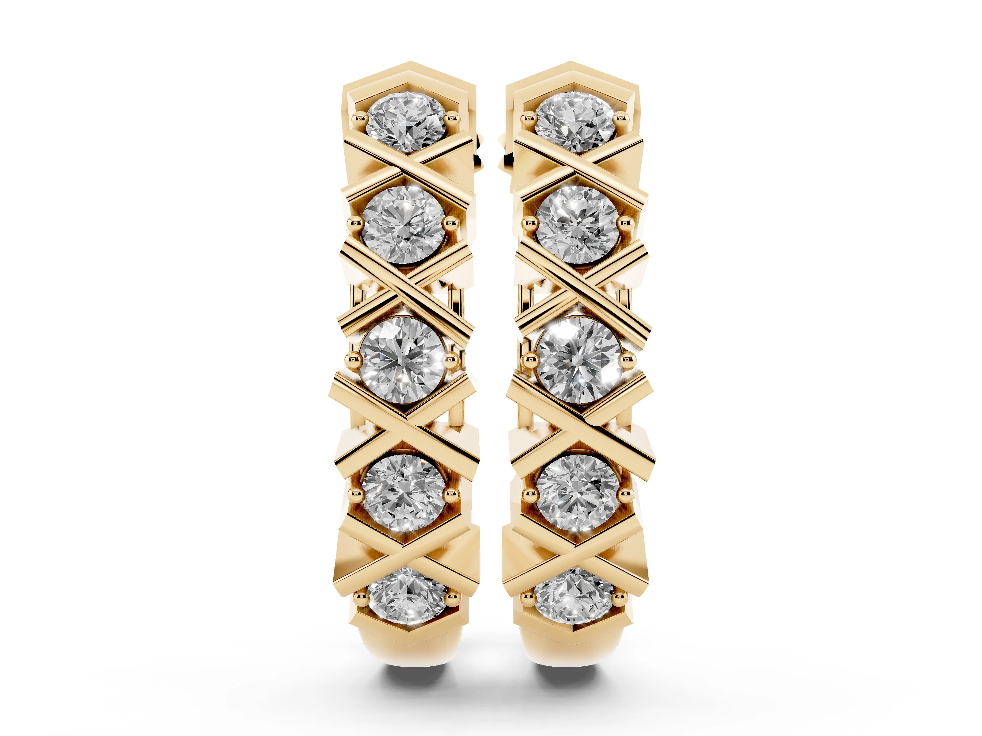 Round Lab-Grown Diamond Criss-Cross Hoop Earrings | X Bar Dividers | Yellow Gold