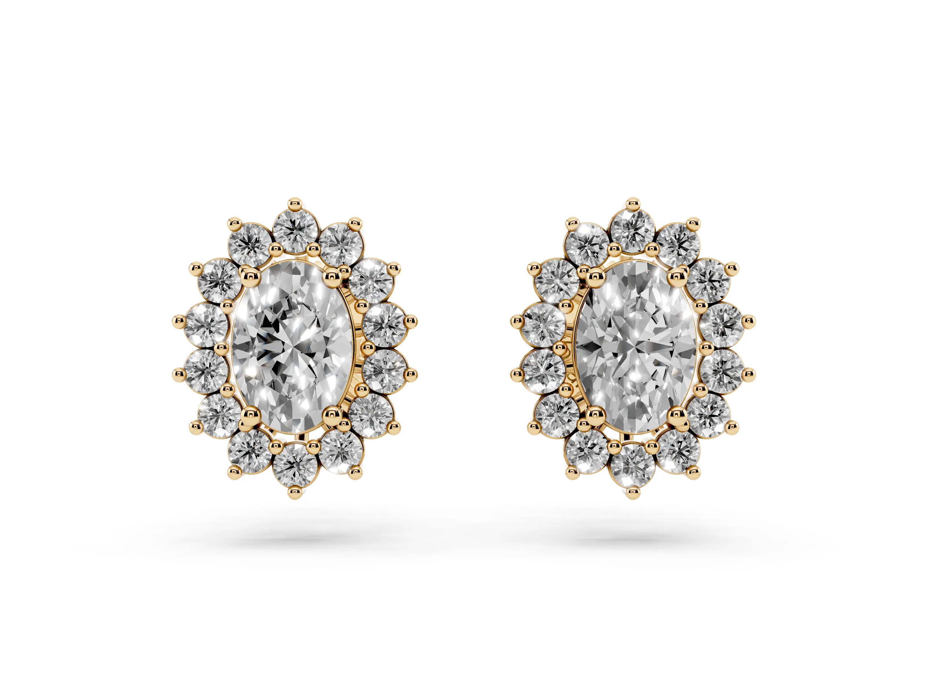 Oval Lab-Grown Diamond Floral Halo Stud Earrings | Scalloped Edge | Yellow Gold