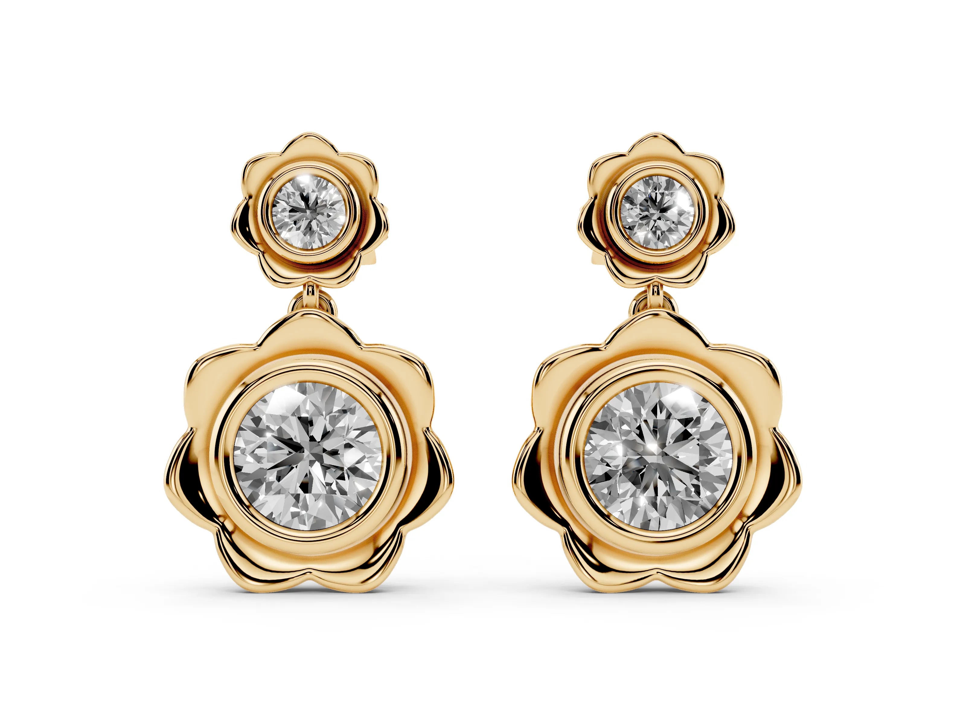 Round Lab-Grown Diamond Bezel Flower Drop Earrings | Double Flower | Yellow Gold