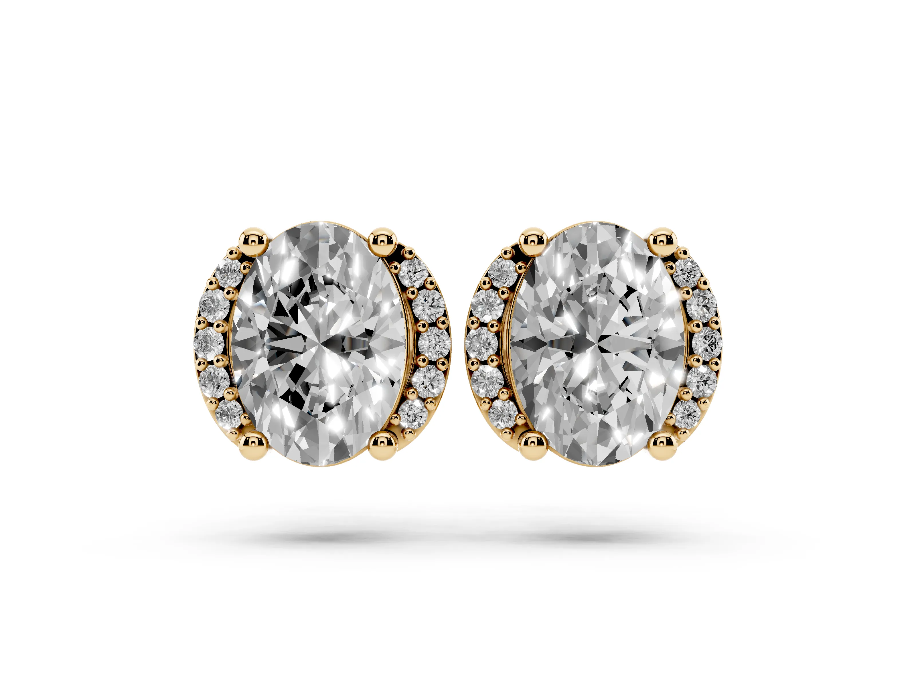Oval Diamond Half Halo Stud Earrings Set in Yellow gold with Accent Halo