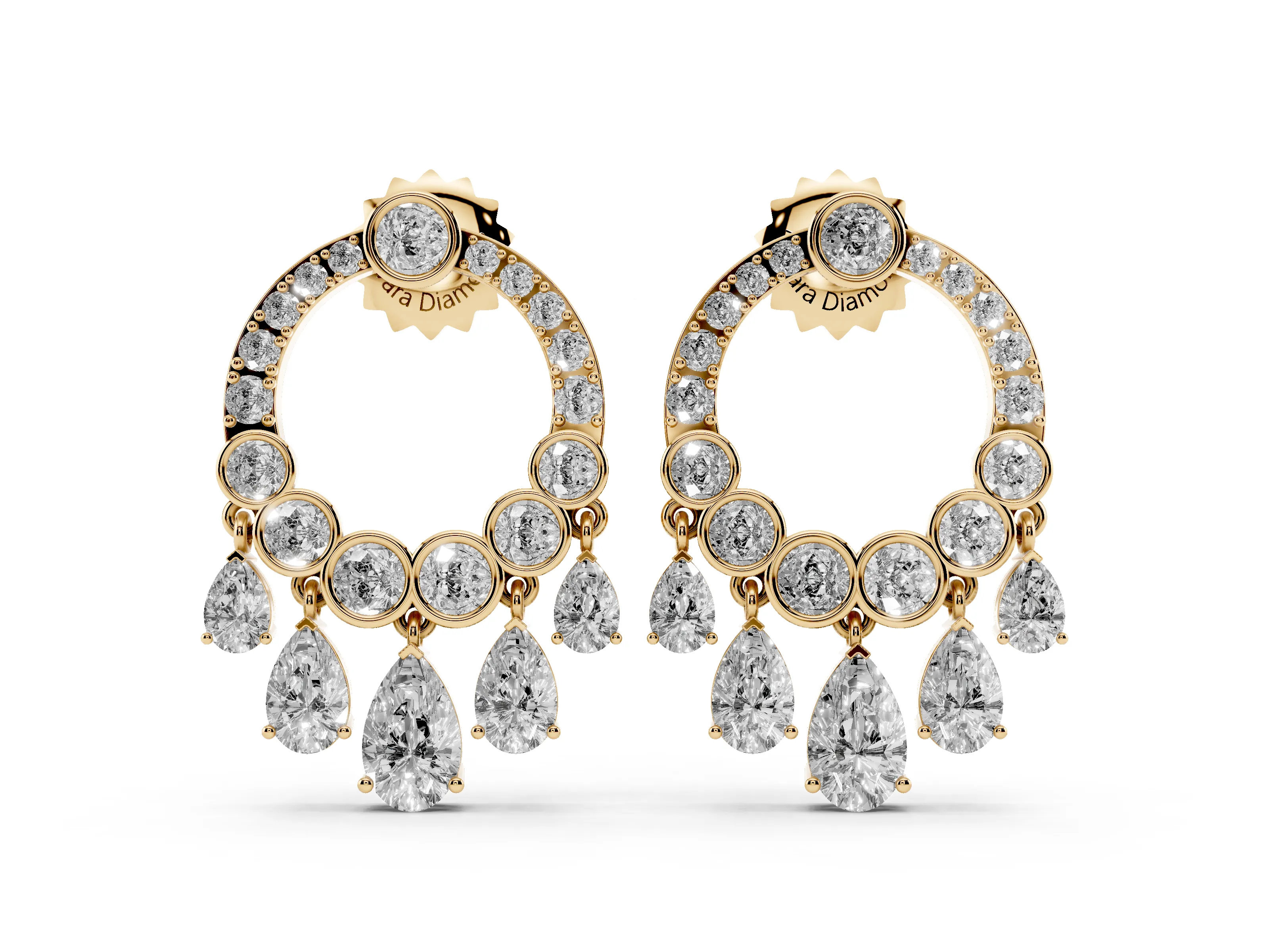 Round and Pear Lab-Grown Diamond Open Circle Dangle Earrings | Graduated Pear Fringe | Yellow Gold