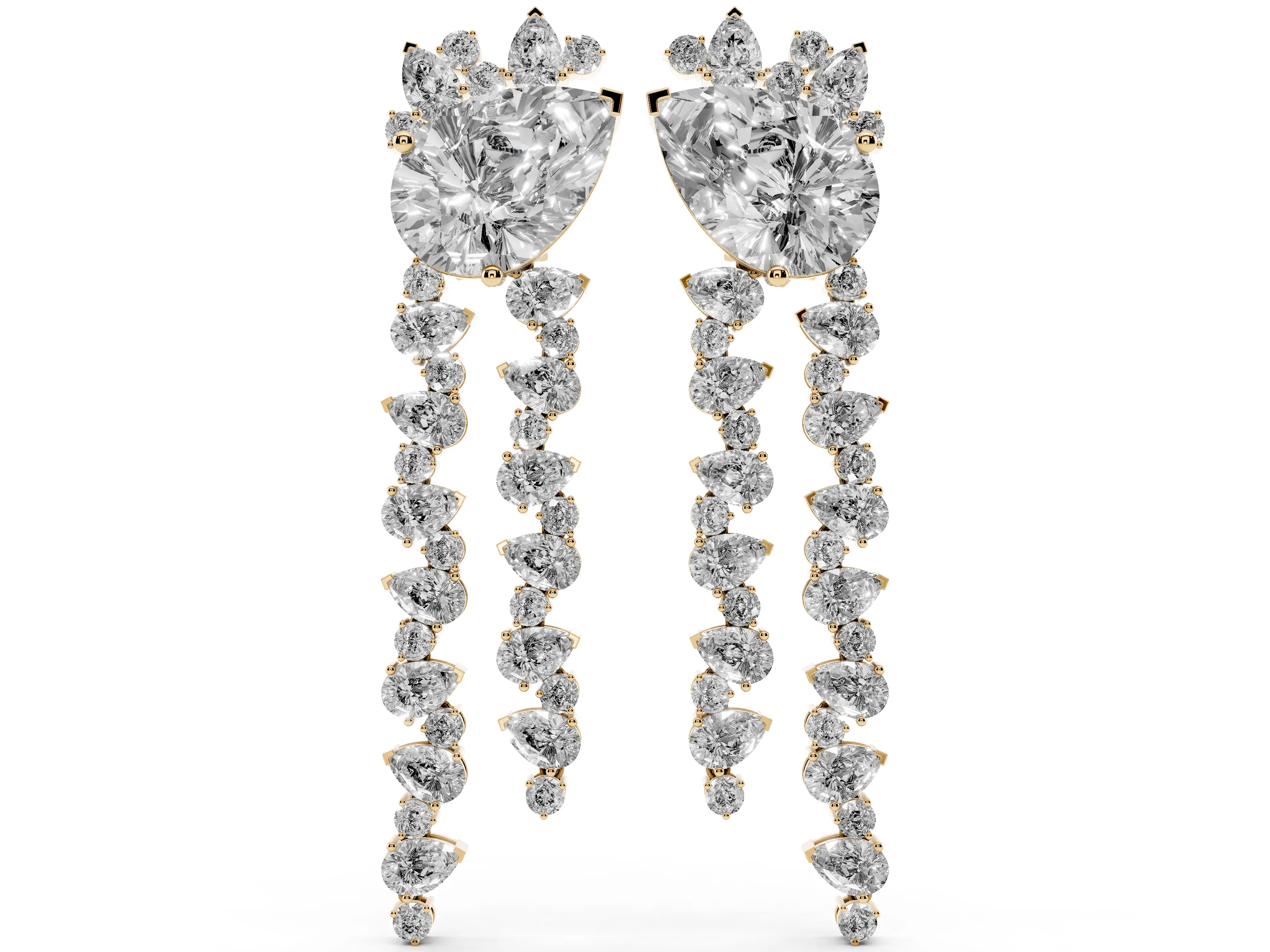 Pear-Shaped Lab-Grown Diamond Fringe Drop Earrings | Pear and Round Cascade | Yellow Gold