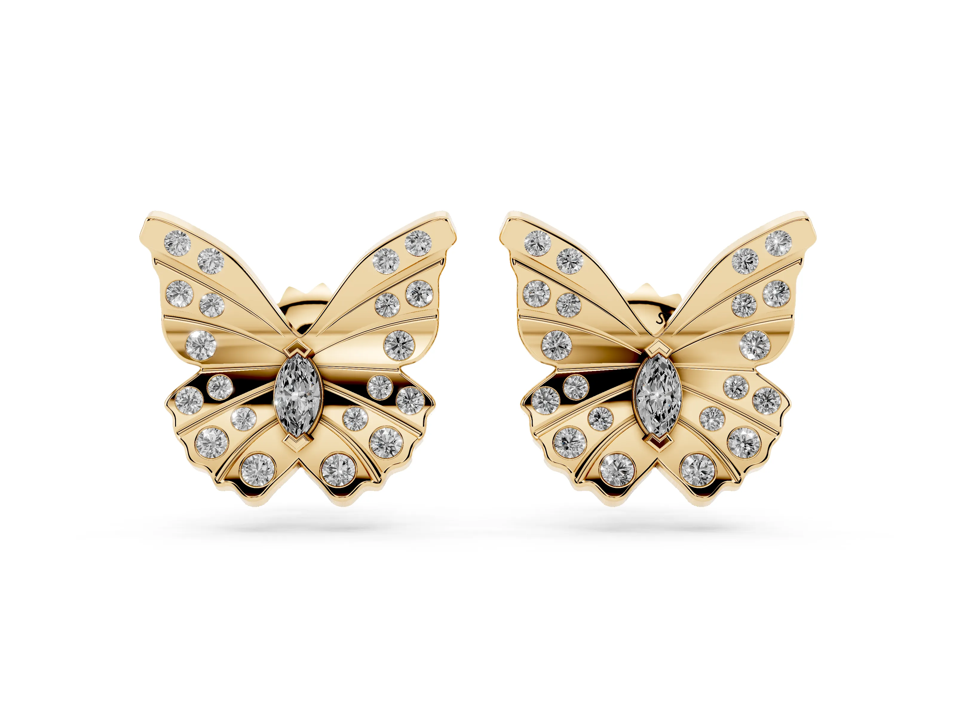 Marquise and Round Lab-Grown Diamond Butterfly Stud Earrings | Ridged Wings | Yellow Gold