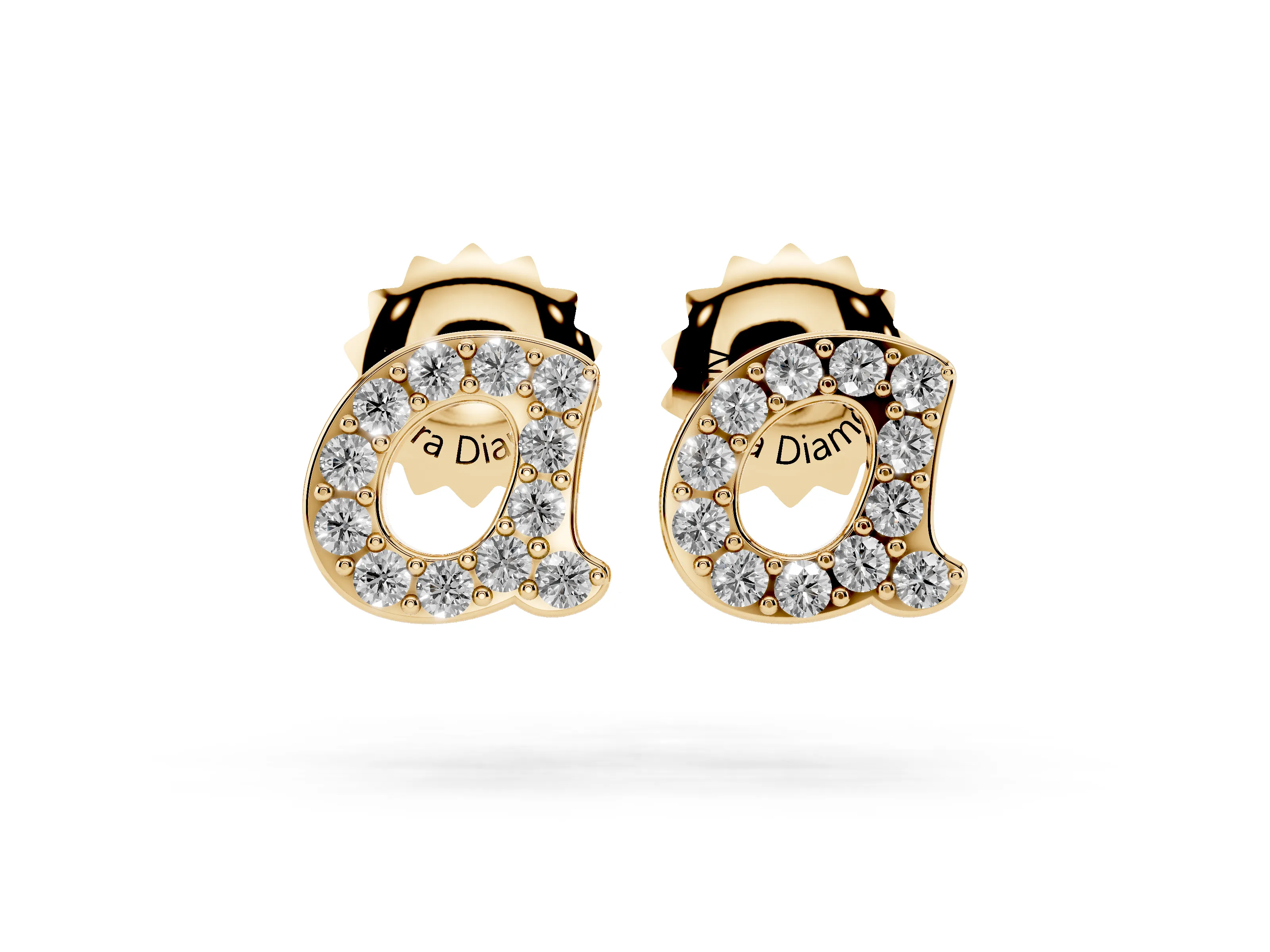 Round Lab-Grown Diamond Lowercase Initial A Pavé Stud Earrings | Open Letter | Yellow Gold