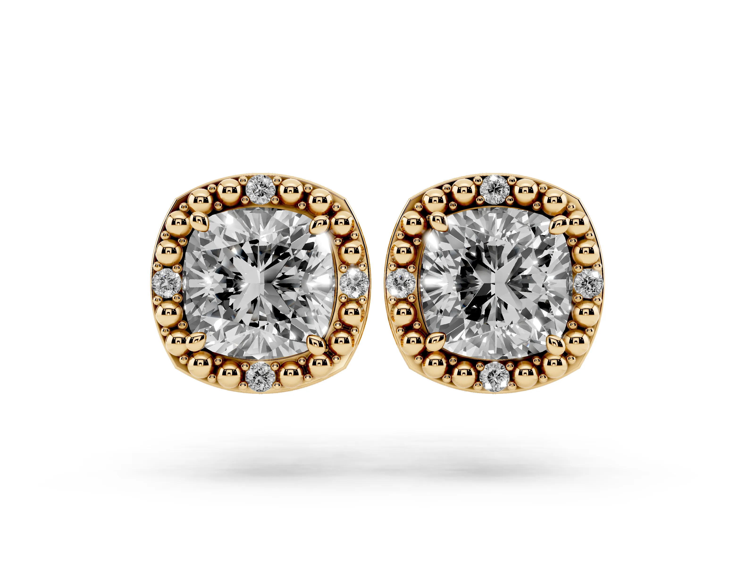 Cushion Cut Lab-Grown Diamond Beaded Halo Stud Earrings | Four Round Accents | Yellow Gold
