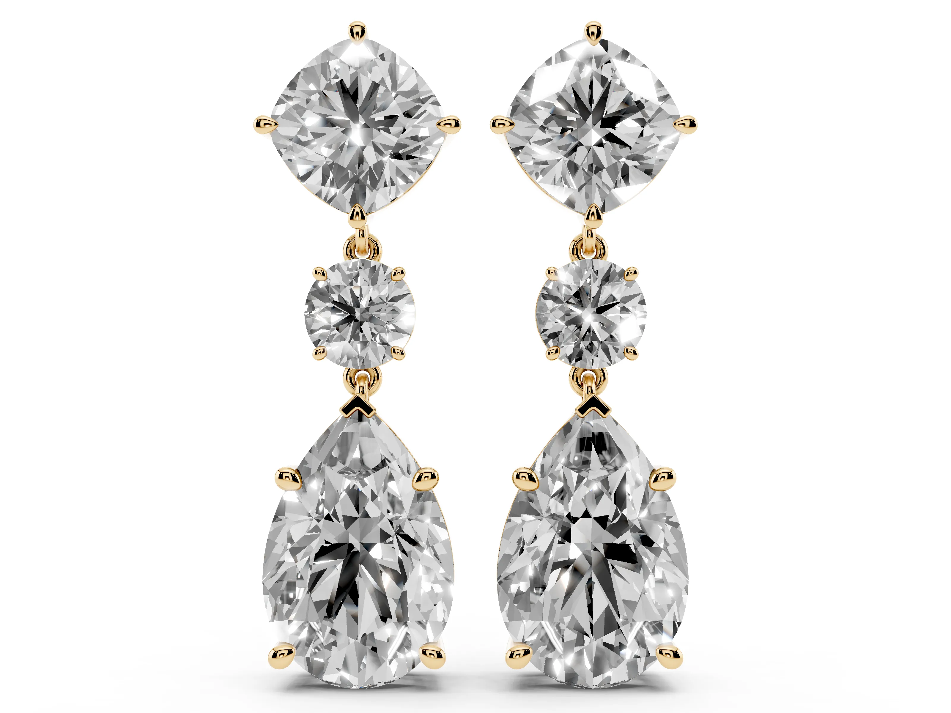 Cushion Round and Pear Lab-Grown Diamond Three Stone Drop Earrings | Linked Drop | Yellow Gold