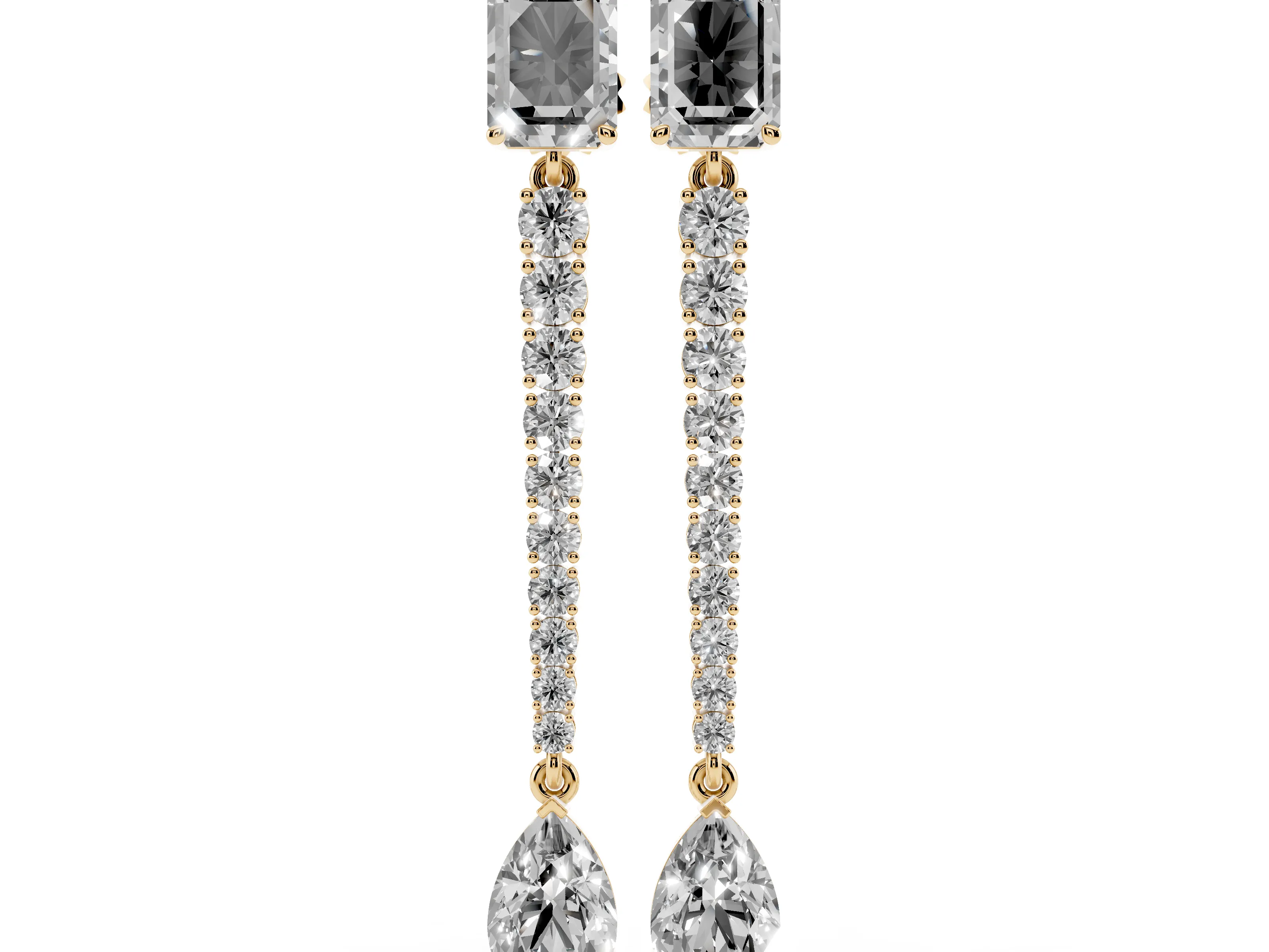 Emerald Cut and Pear Lab-Grown Diamond Graduated Drop Earrings | Round Stone Line | Yellow Gold