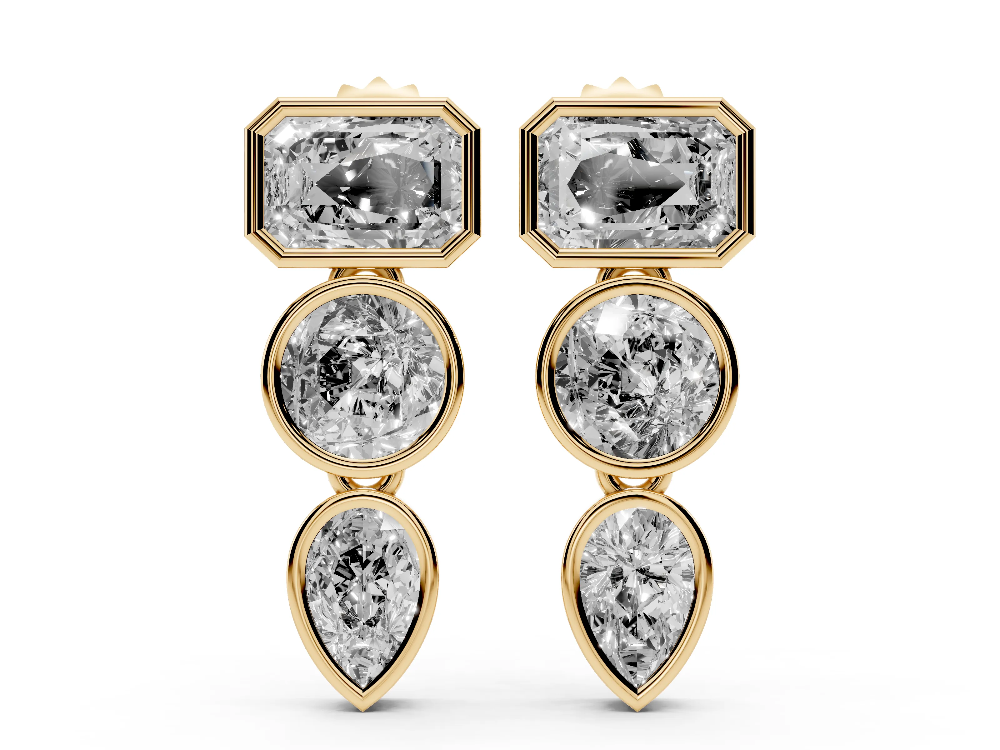 Emerald Cut Round and Pear Lab-Grown Diamond Bezel Drop Earrings | Linked Drop | Yellow Gold