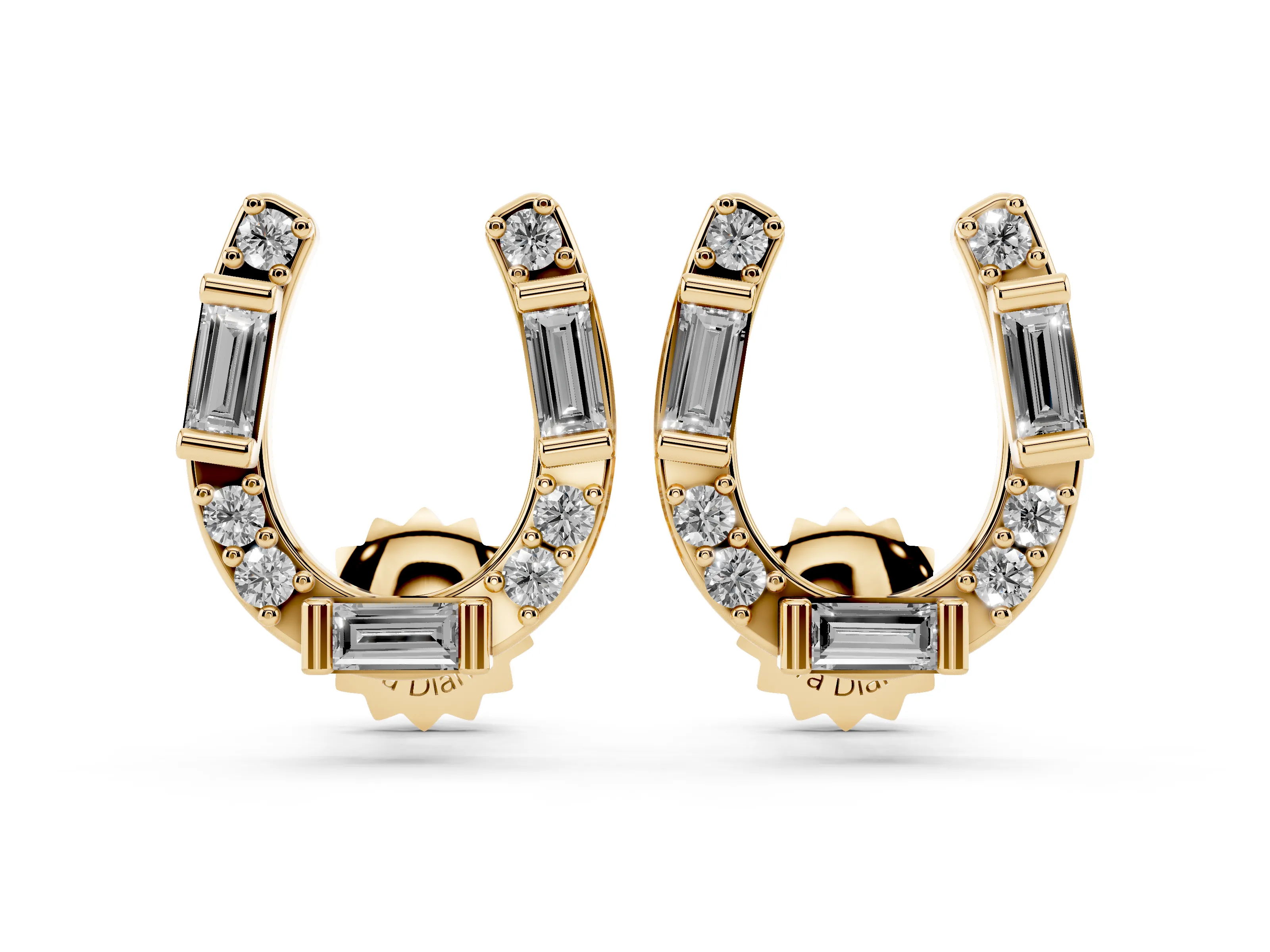 Baguette and Round Lab-Grown Diamond Horseshoe Stud Earrings | Bar-Set Baguettes | Yellow Gold