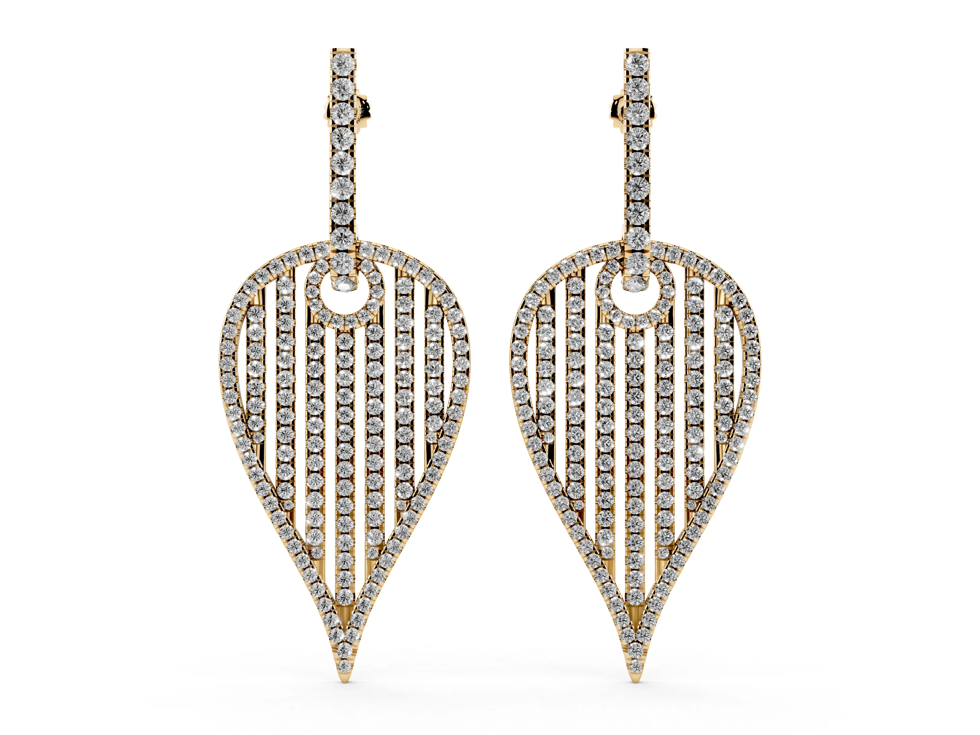 Round Lab-Grown Diamond Striped Teardrop Pavé Drop Earrings | Stone-Set Bar Top | Yellow Gold
