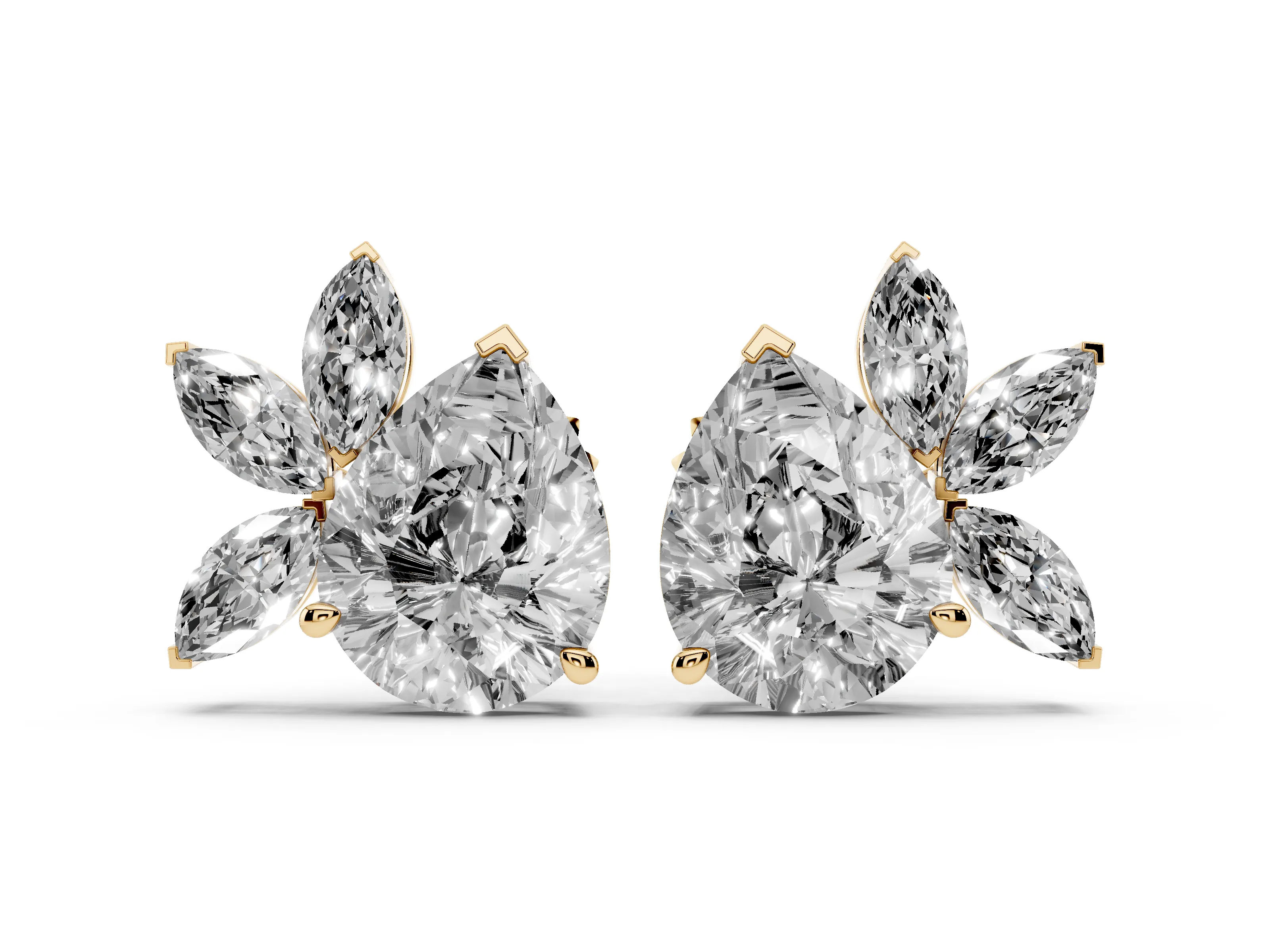Pear-Shaped Lab-Grown Diamond Fan Cluster Stud Earrings | Marquise Accents | Yellow Gold