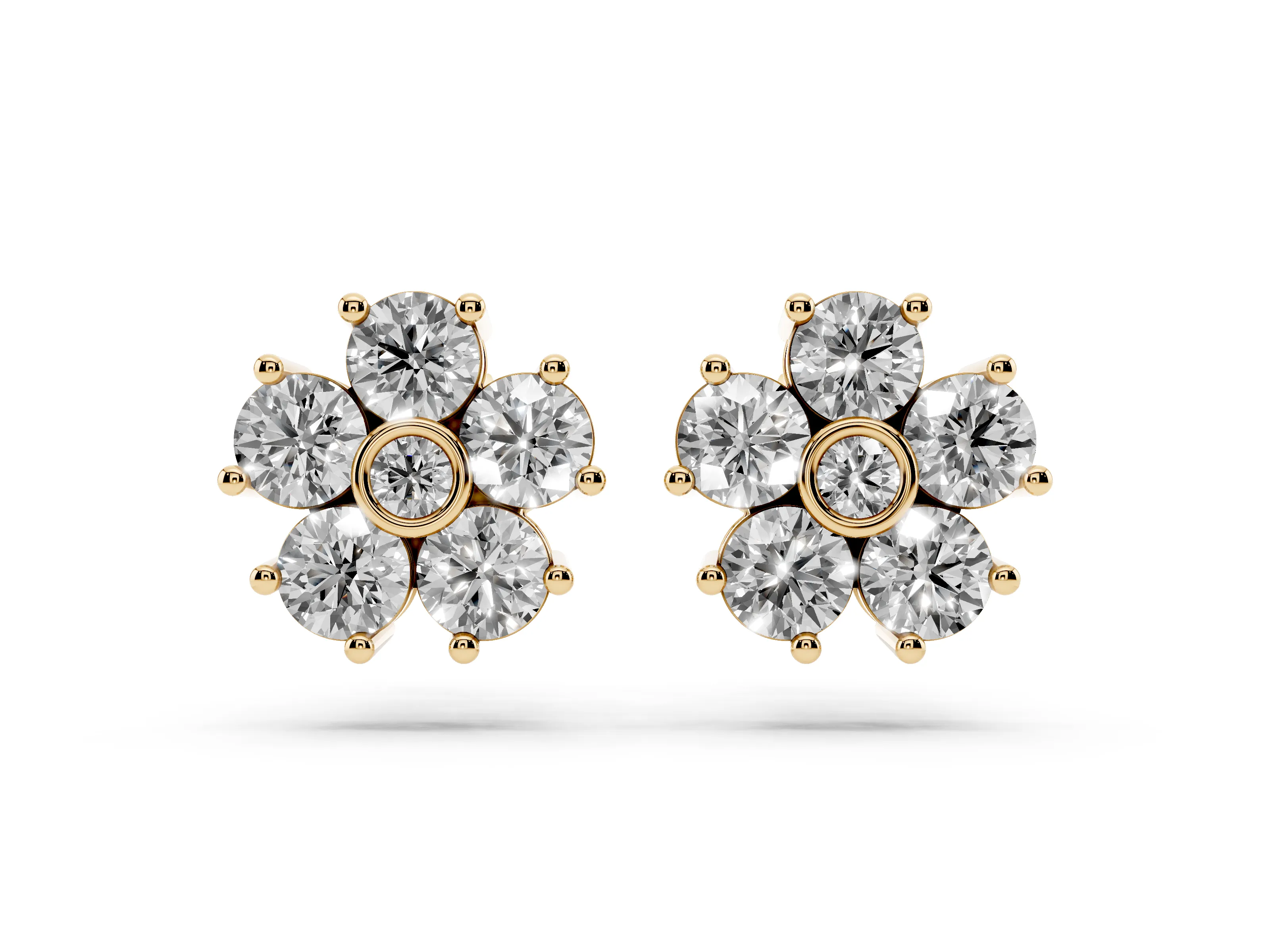 Round Lab-Grown Diamond Flower Cluster Stud Earrings | Bezel-Set Middle | Yellow Gold