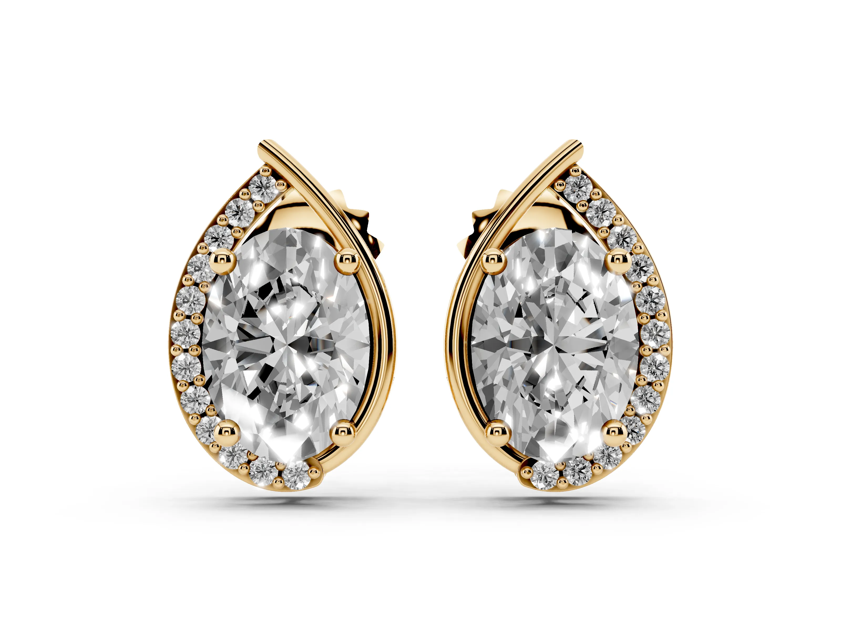 Oval Diamond Teardrop Framed Stud Earrings Set in Yellow gold with Accent Stones