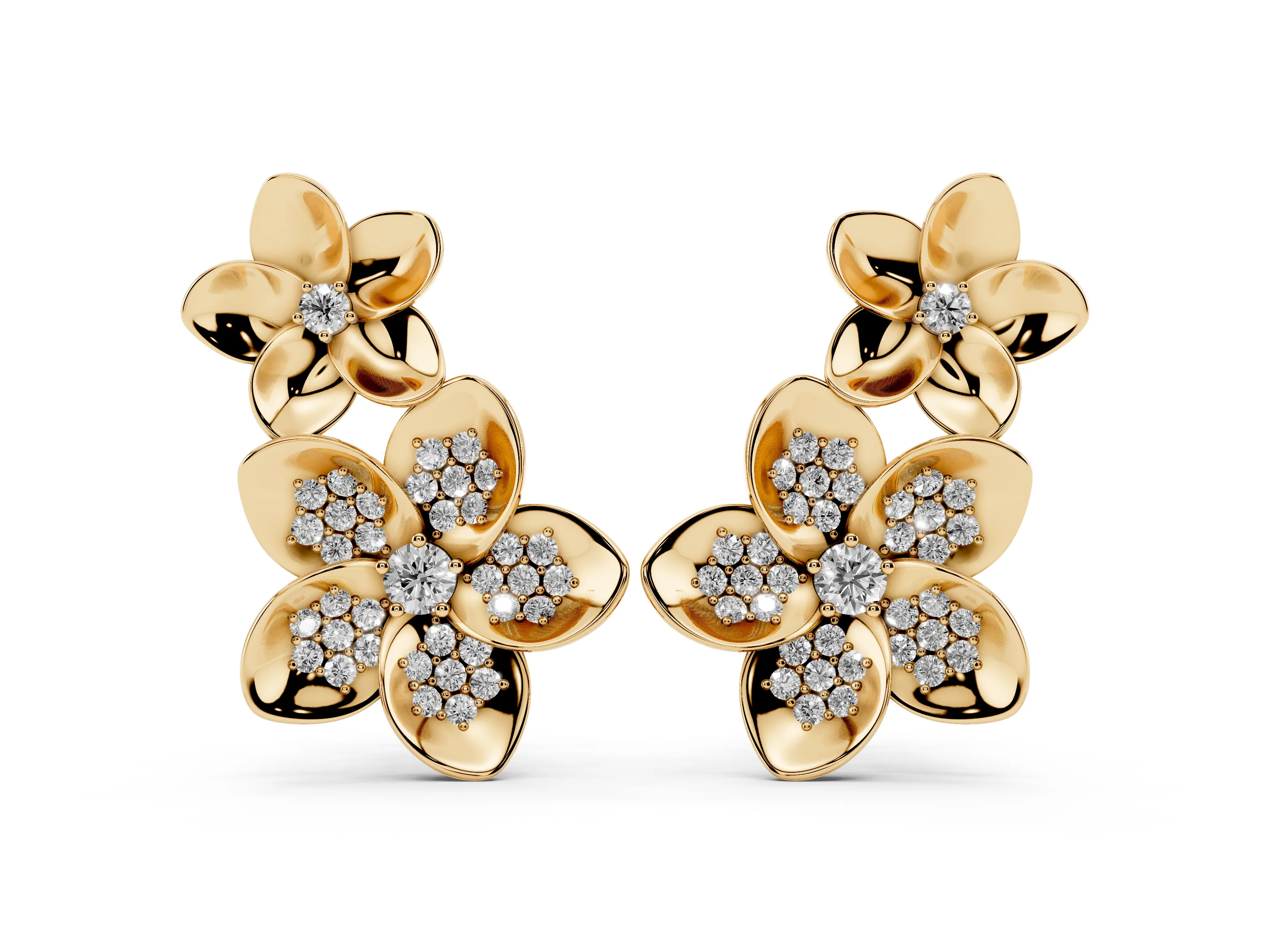 Round Lab-Grown Diamond Plumeria Flower Climber Earrings | Petal Rosettes | Yellow Gold