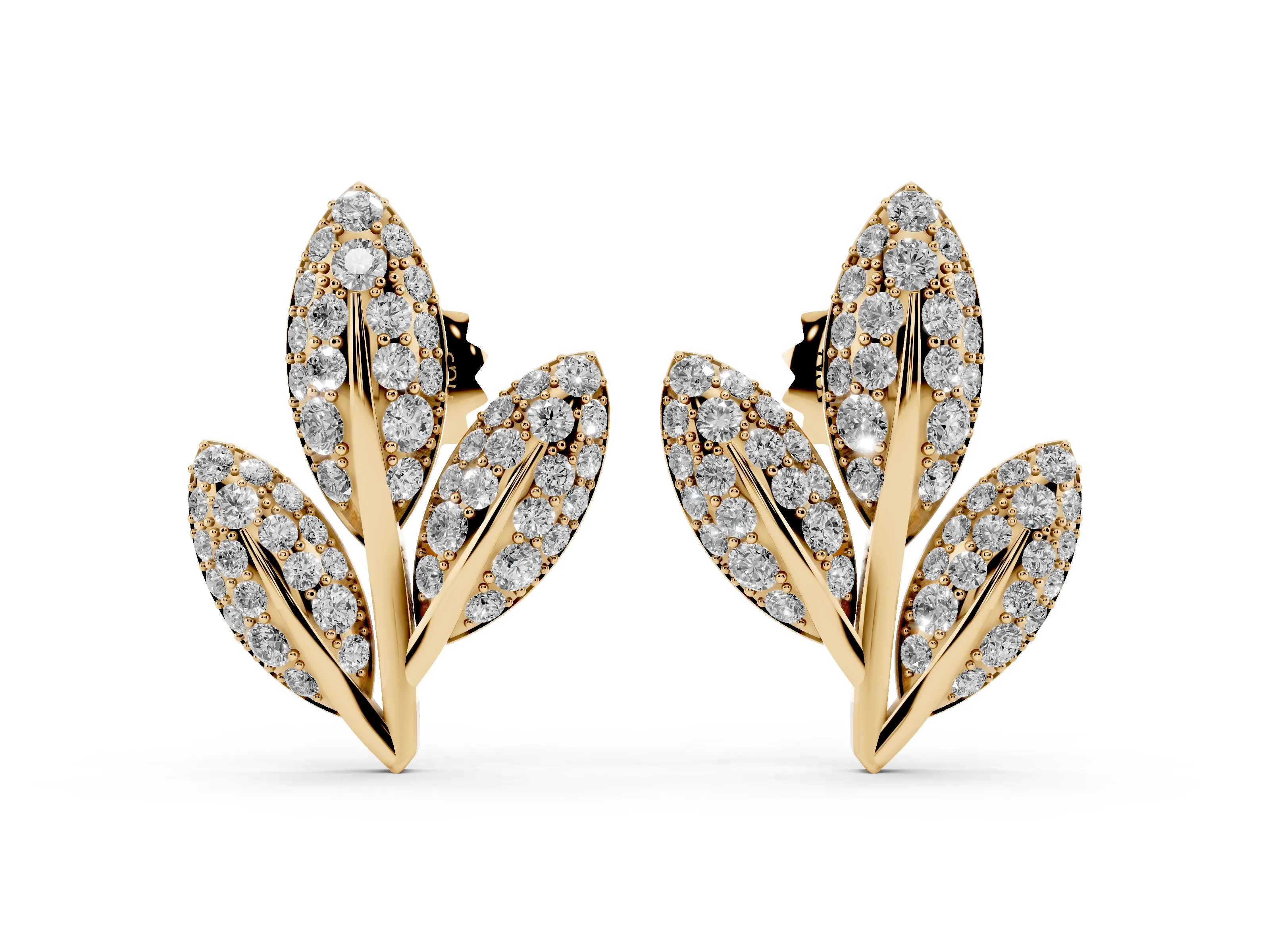 Round Lab-Grown Diamond Pavé Olive Branch Stud Earrings | Three Leaves | Yellow Gold