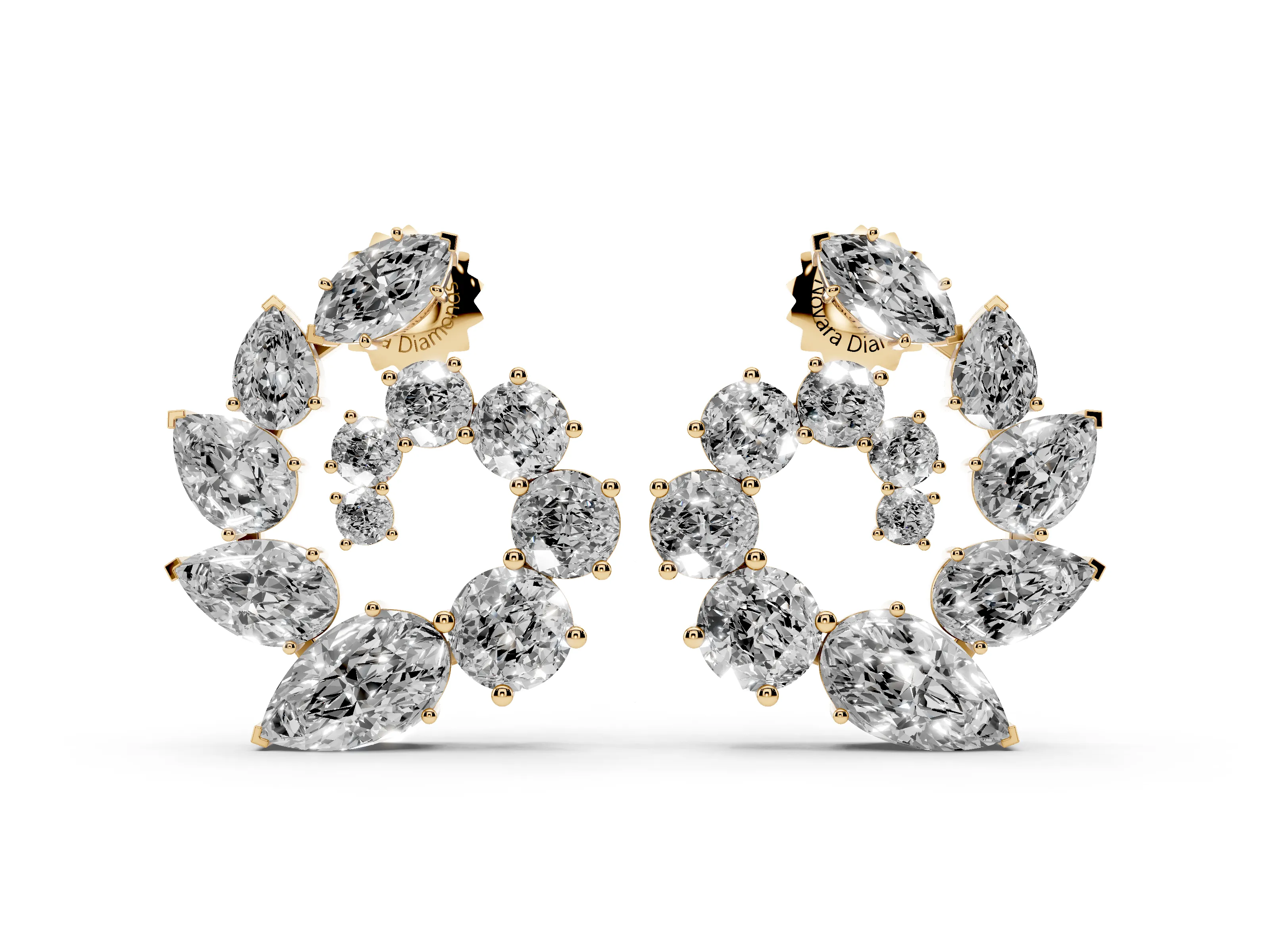 Mixed-Shape Lab-Grown Diamond Graduated Cluster Studs | Marquise Pear and Round | Yellow Gold