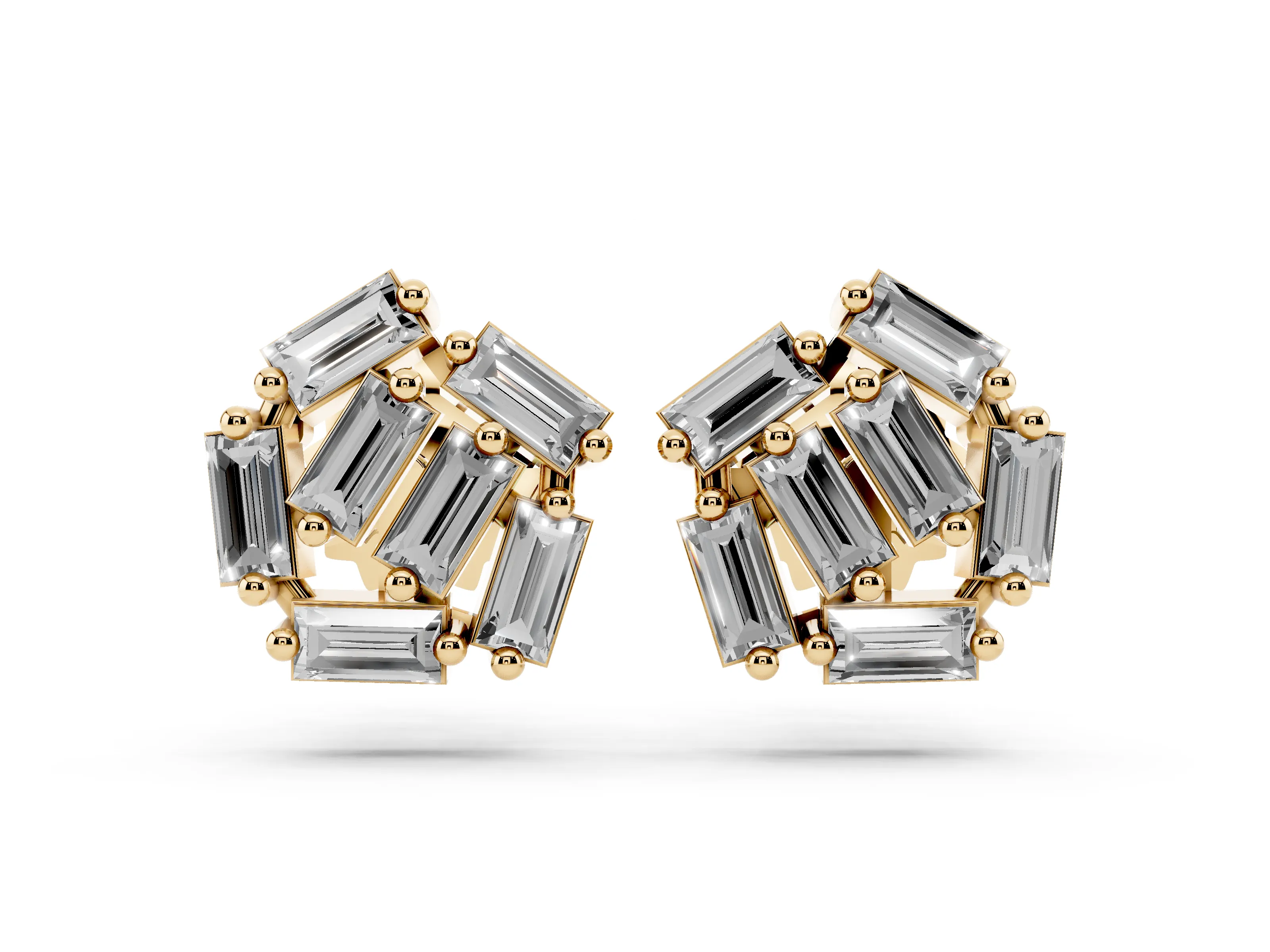 Baguette Lab-Grown Diamond Geometric Cluster Stud Earrings | Angled Stones | Yellow Gold