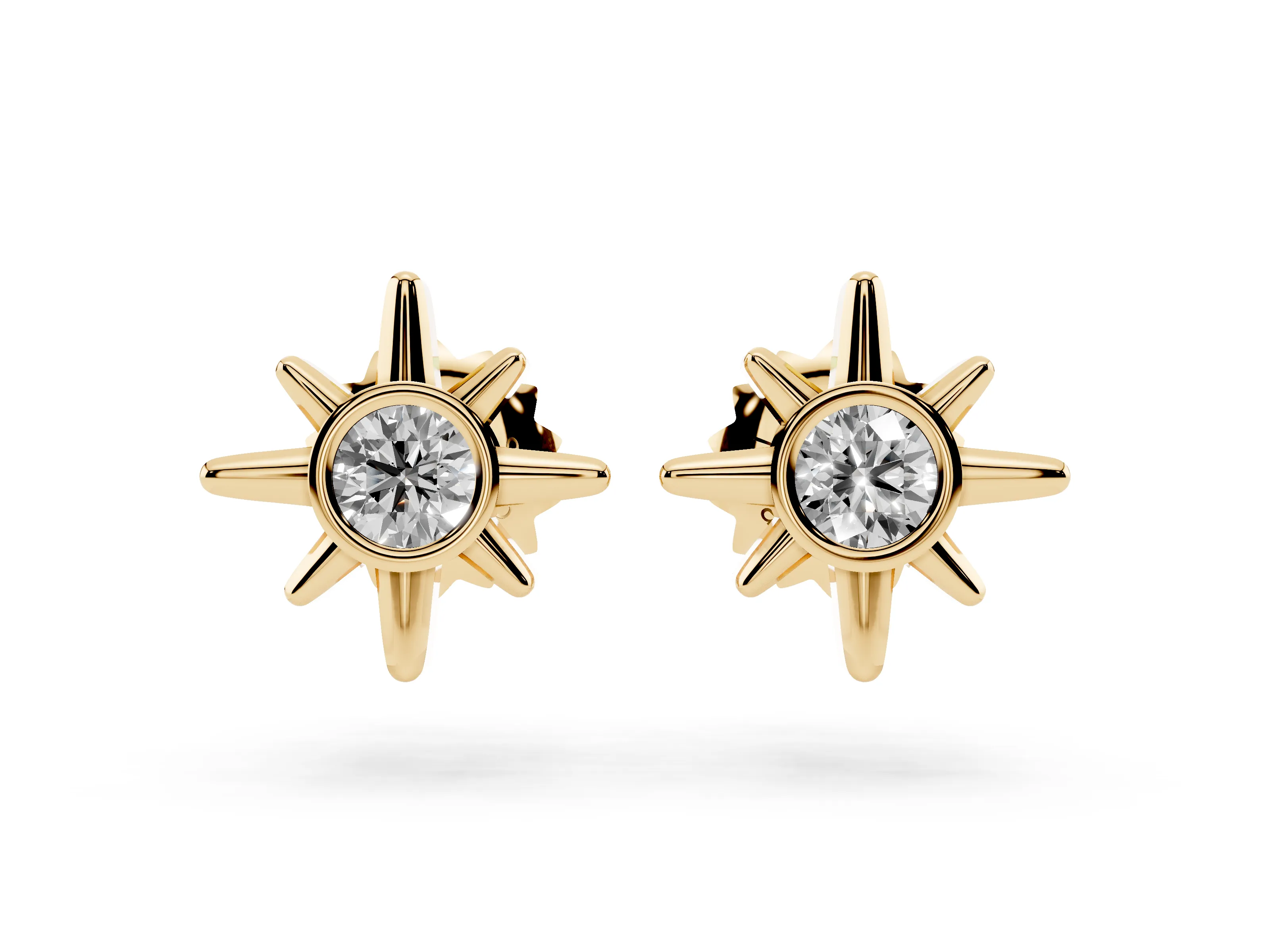 Round Lab-Grown Diamond Bezel Sun Starburst Stud Earrings | Polished Rays | Yellow Gold