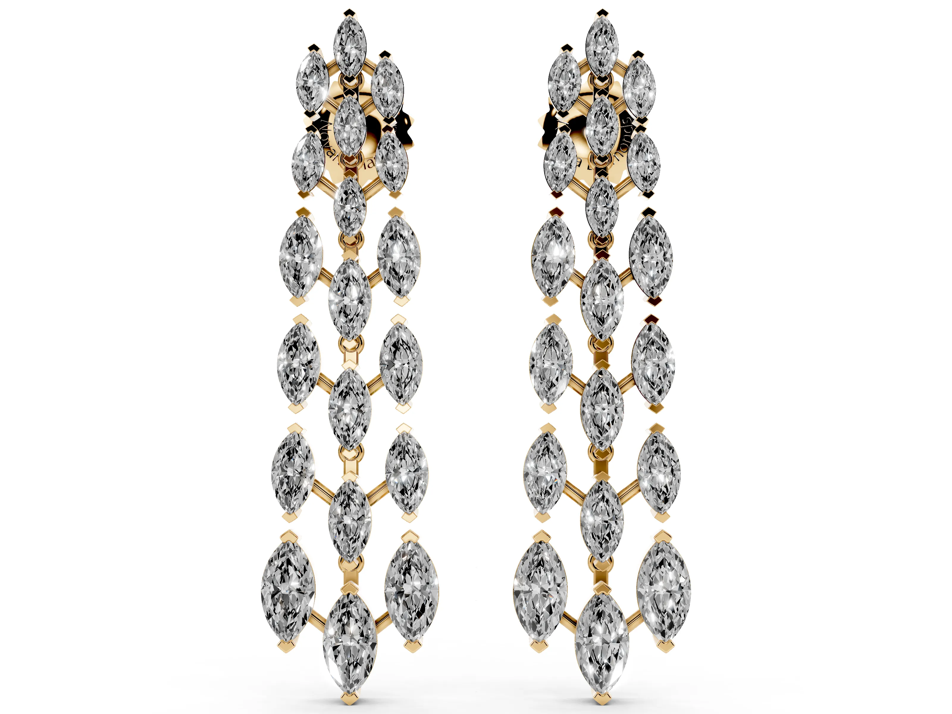 Marquise Lab-Grown Diamond Fanned Strand Drop Earrings | Three Linked Strands | Yellow Gold