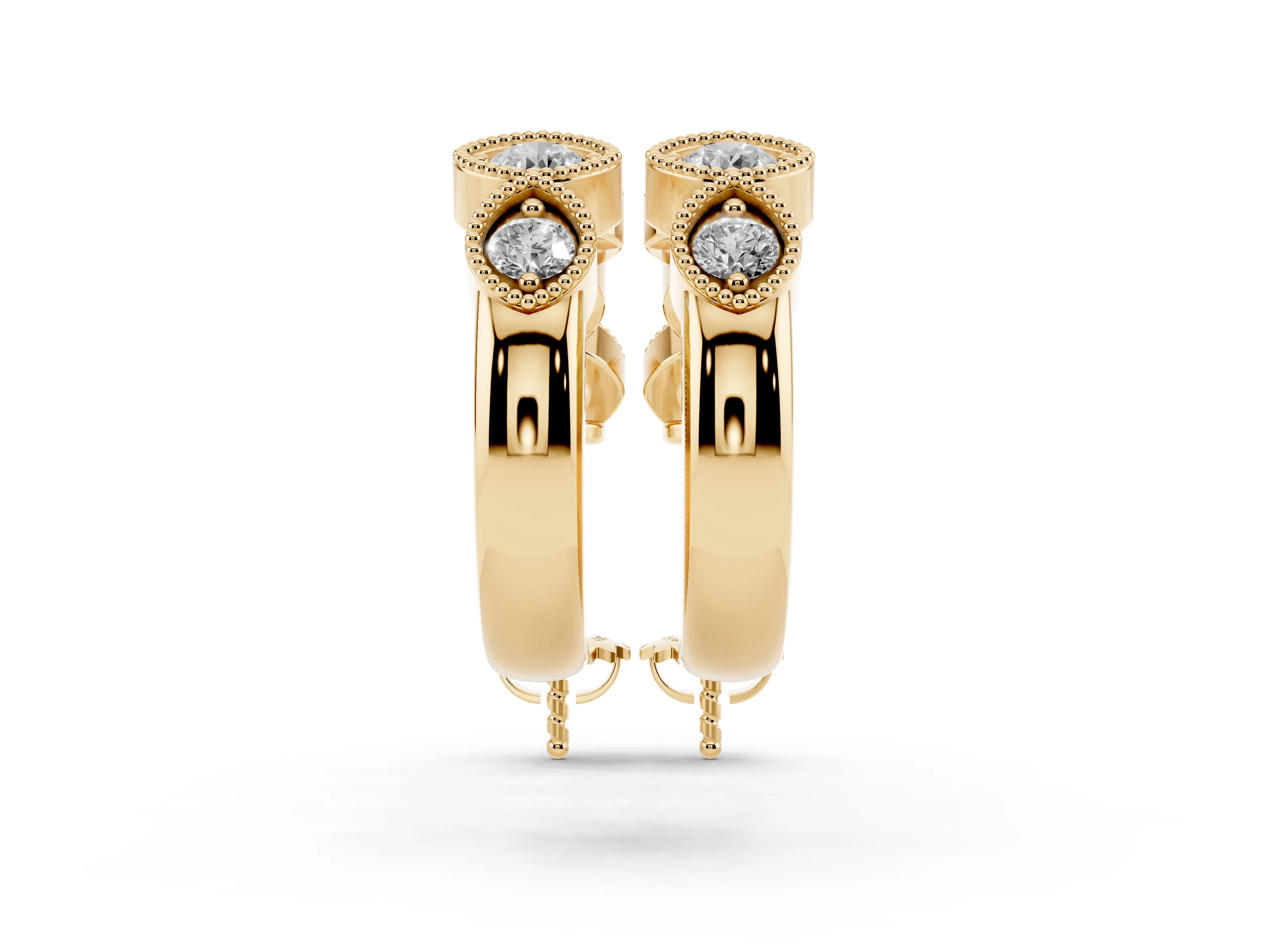 Round Lab-Grown Diamond Vintage Milgrain Hoop Earrings | Cushion and Marquise Frames | Yellow Gold
