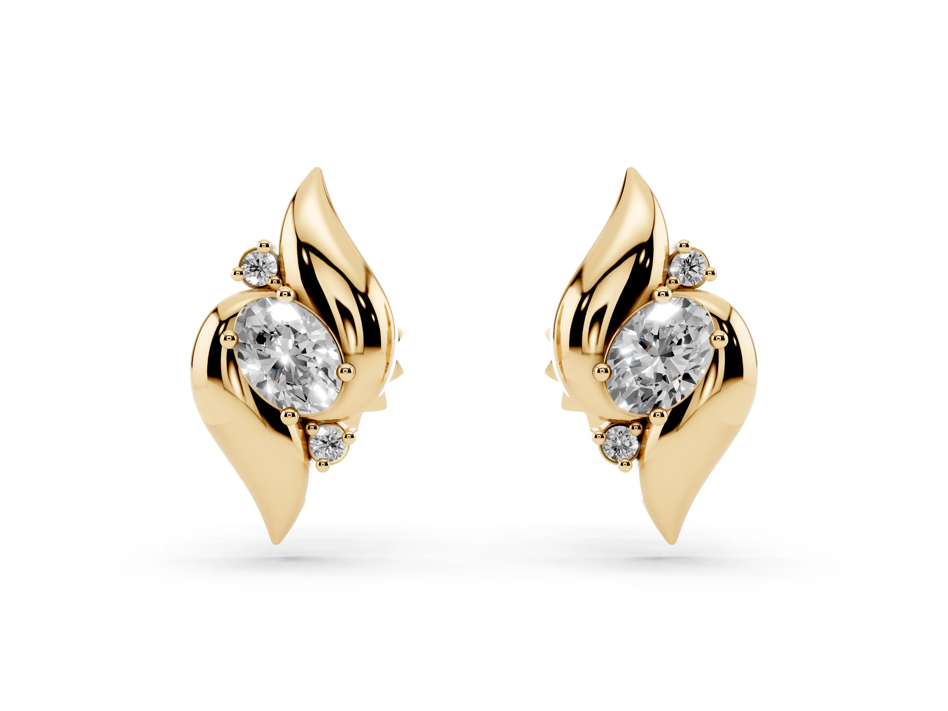 Oval Lab-Grown Diamond Swirl Shell Stud Earrings | Mirror-Image Pair | Yellow Gold