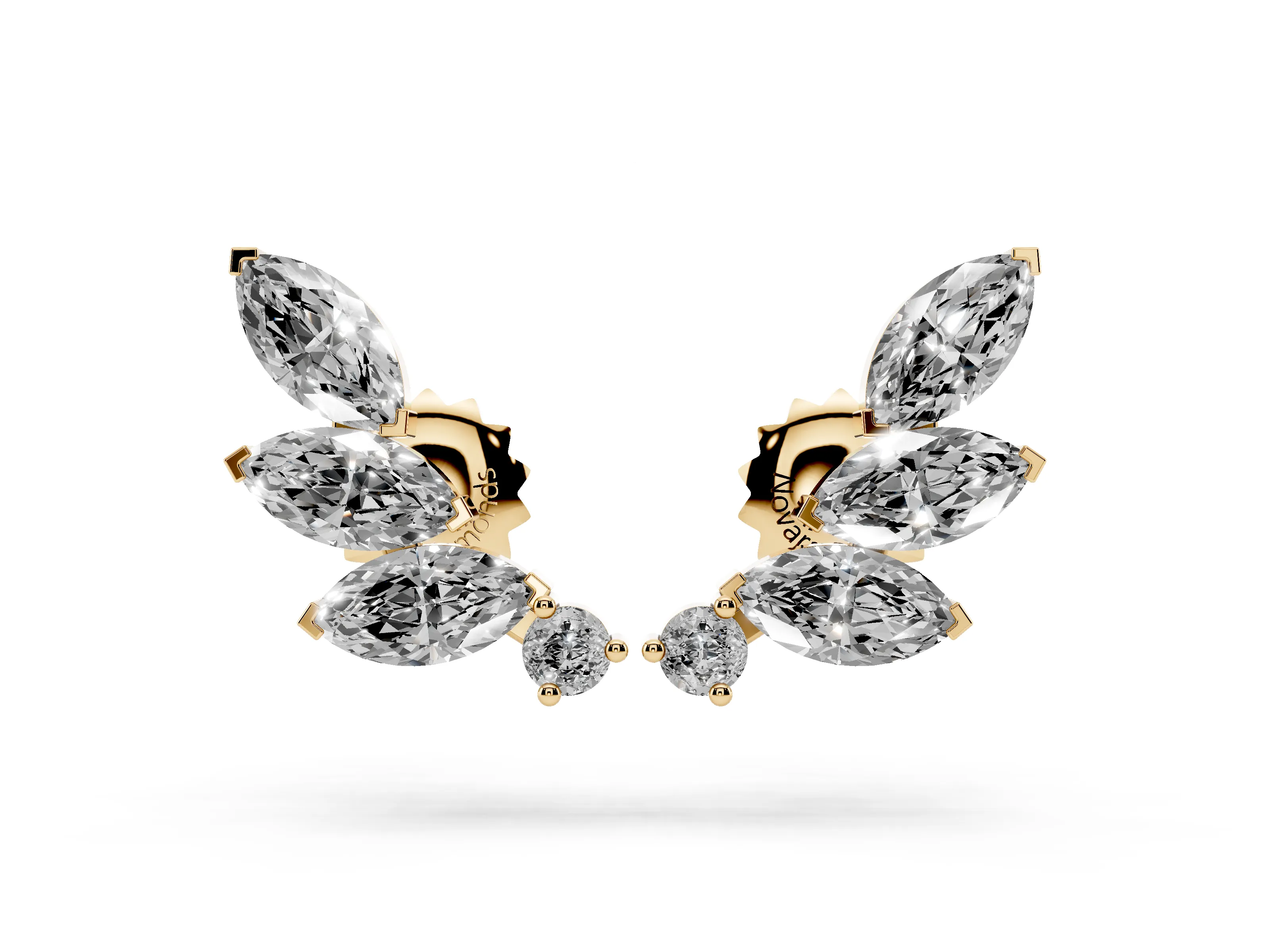 Marquise and Round Lab-Grown Diamond Ivy Leaf Stud Earrings | Slanted Leaf Fan | Yellow Gold