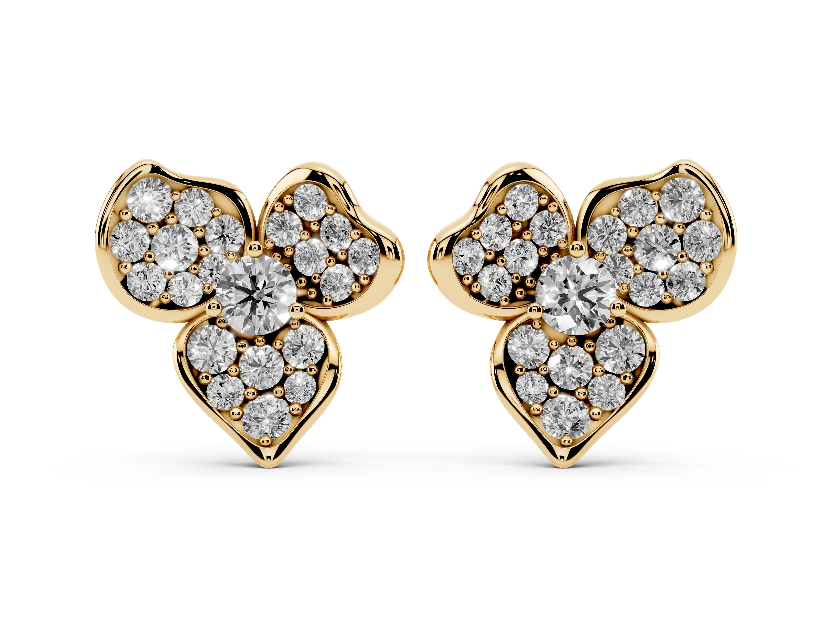 Round Lab-Grown Diamond Pavé Flower Stud Earrings | Three Heart Petals | Yellow Gold