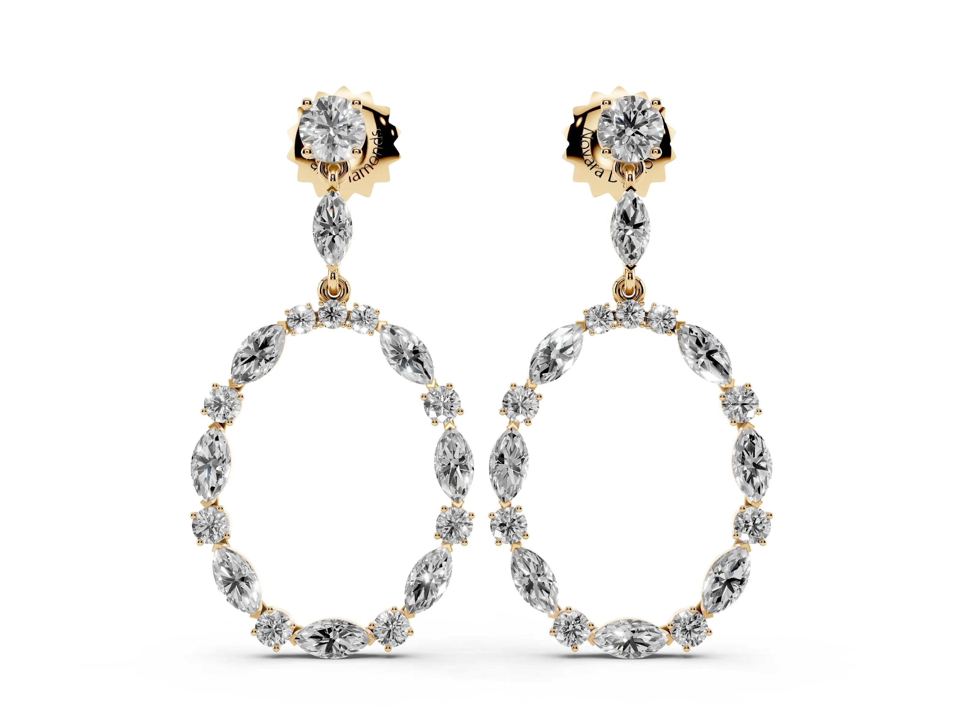 Round and Marquise Lab-Grown Diamond Open Oval Drop Earrings | Marquise Link | Yellow Gold