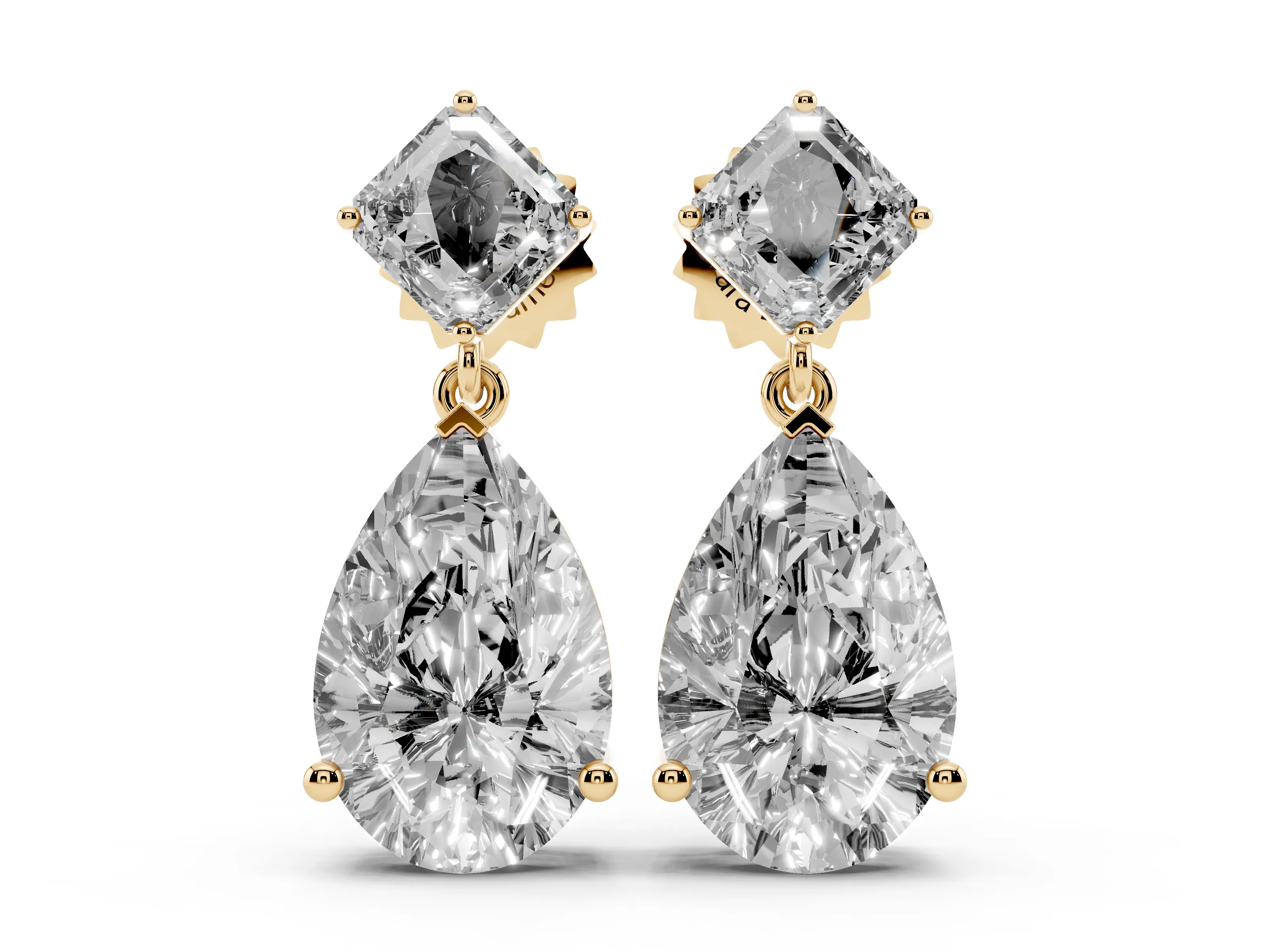 Asscher Cut and Pear-Shaped Lab-Grown Diamond Drop Earrings | Swinging Pear | Yellow Gold