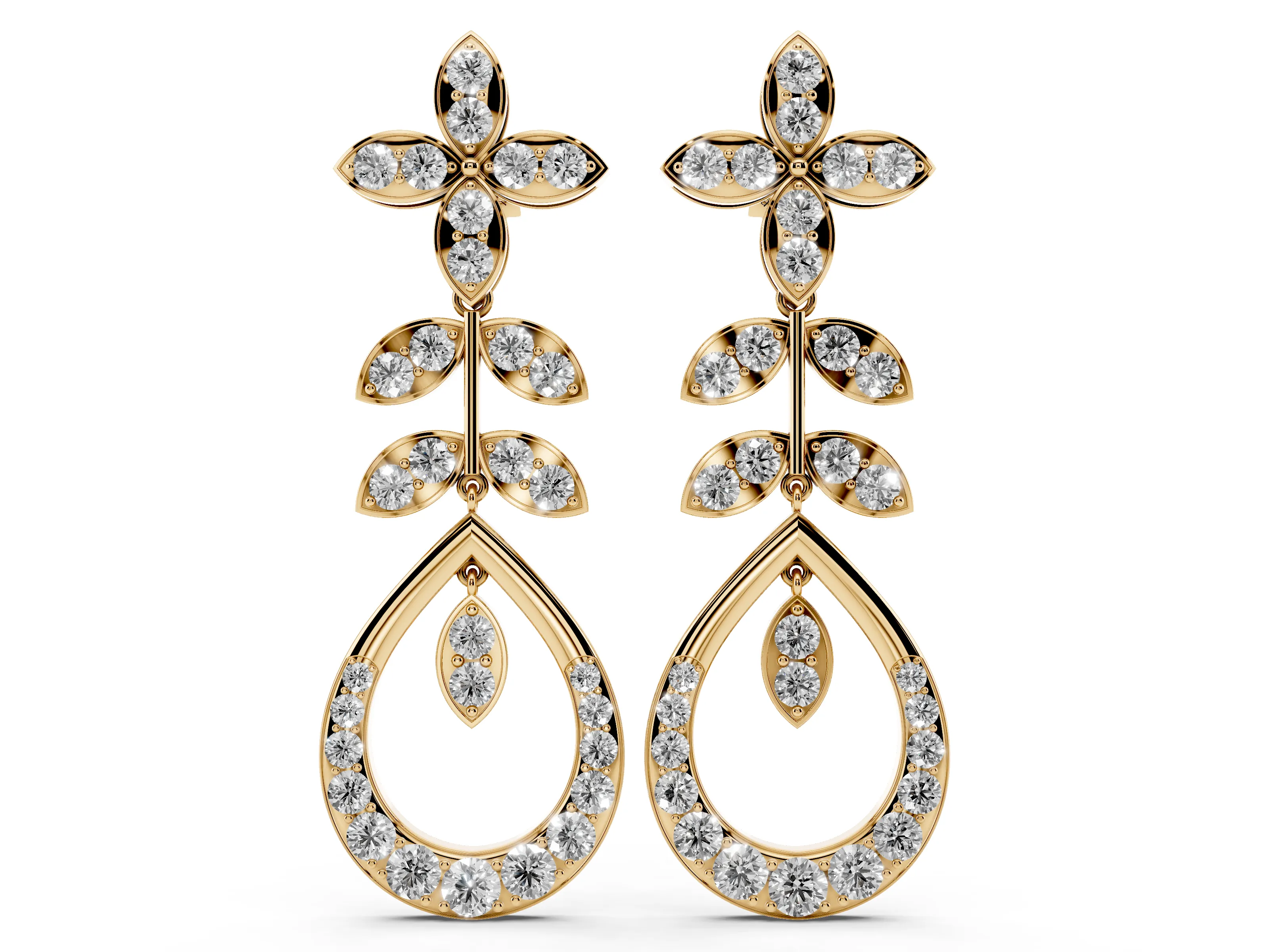 Round Lab-Grown Diamond Floral Dewdrop Drop Earrings | Open Teardrop | Yellow Gold