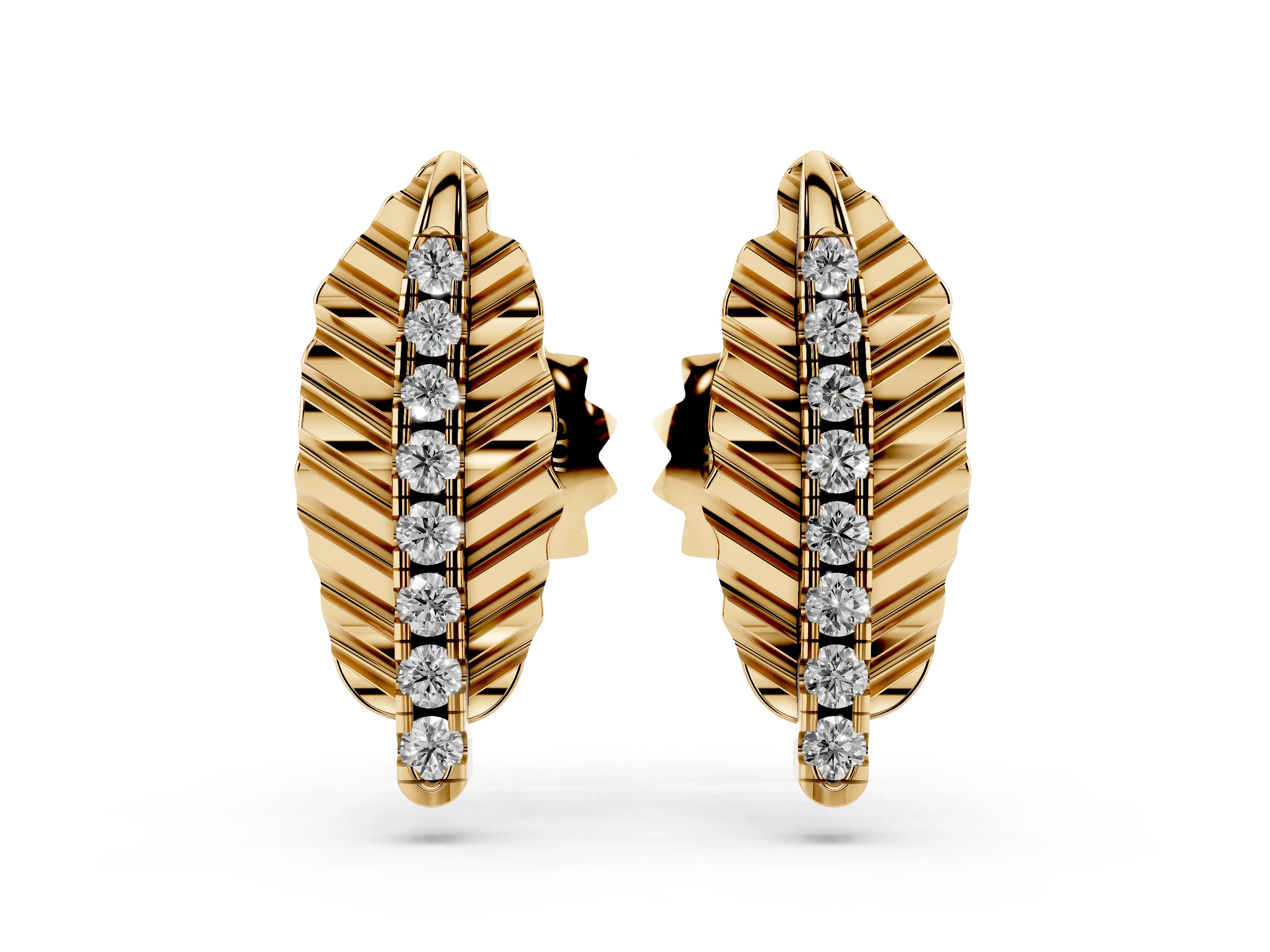 Round Lab-Grown Diamond Sculpted Leaf Stud Earrings | Stone-Set Vein | Yellow Gold