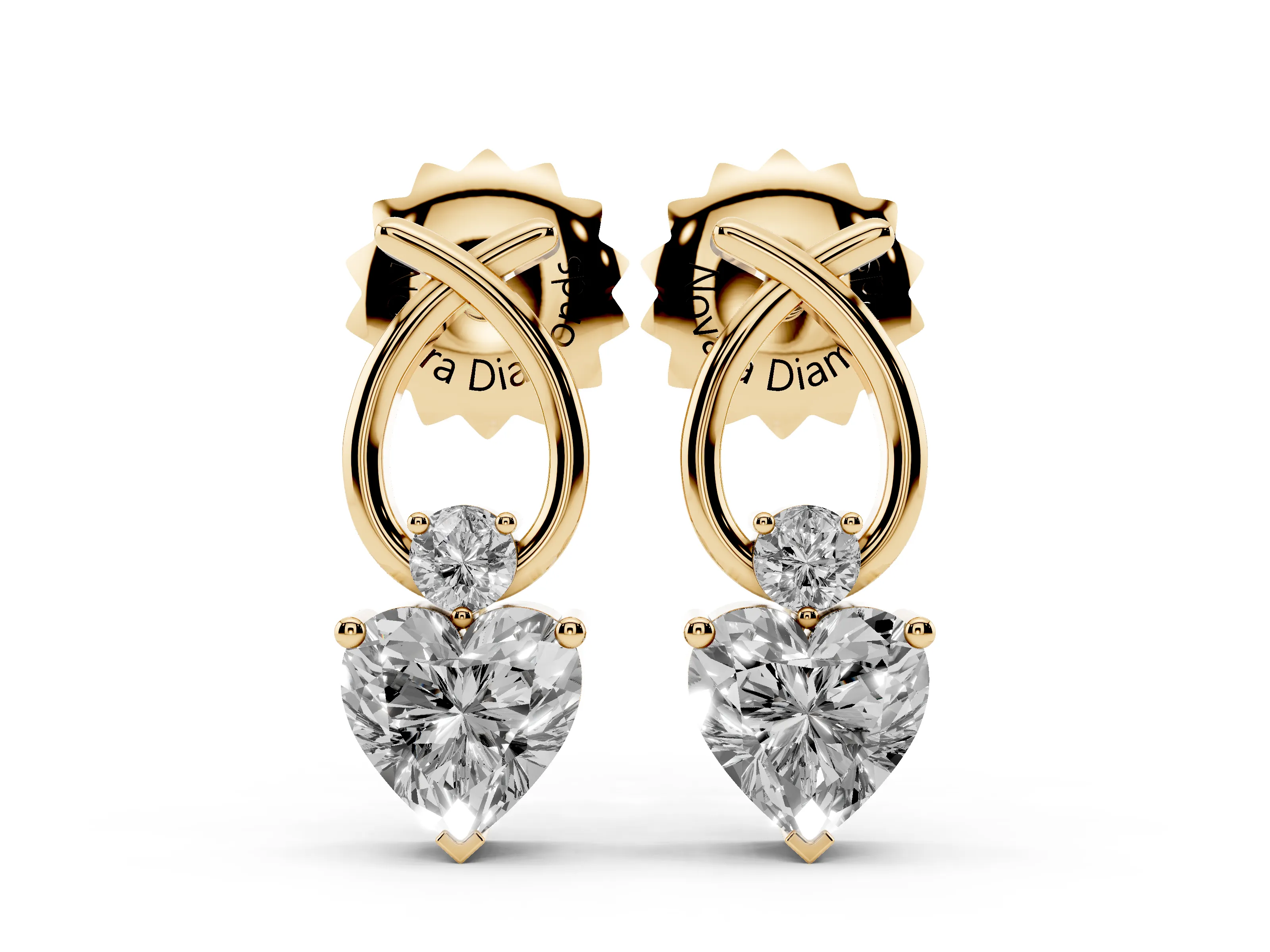 Heart Lab-Grown Diamond Ribbon Drop Earrings | Round Accent | Yellow Gold