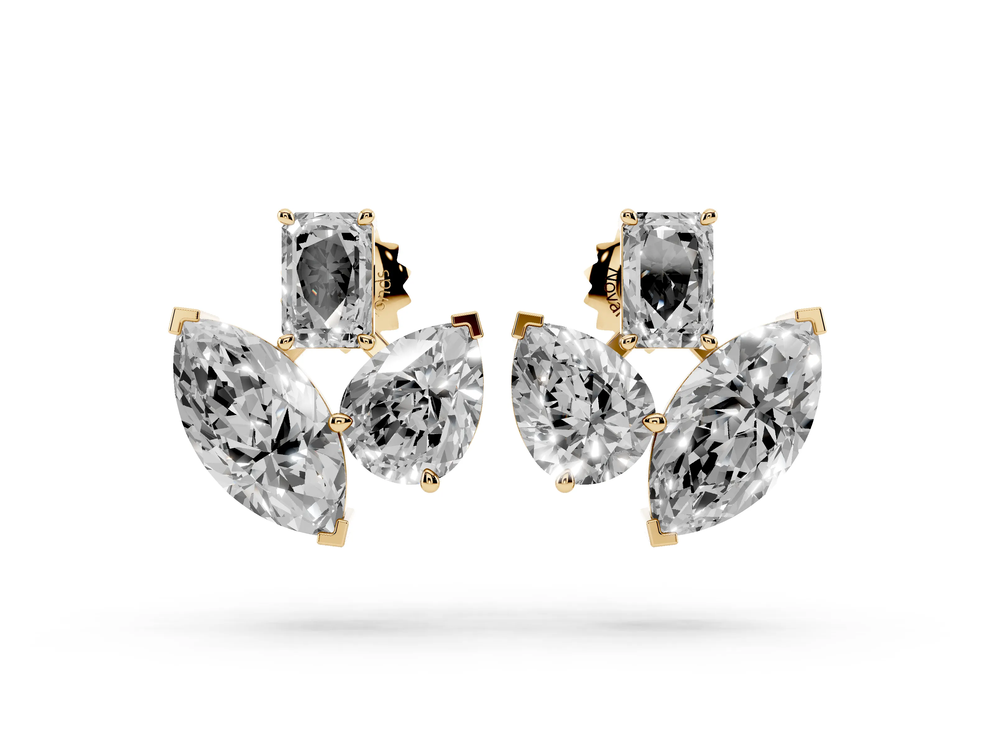 Emerald Cut Marquise and Pear Lab-Grown Diamond Mosaic Fan Earrings | Three Stone | Yellow Gold