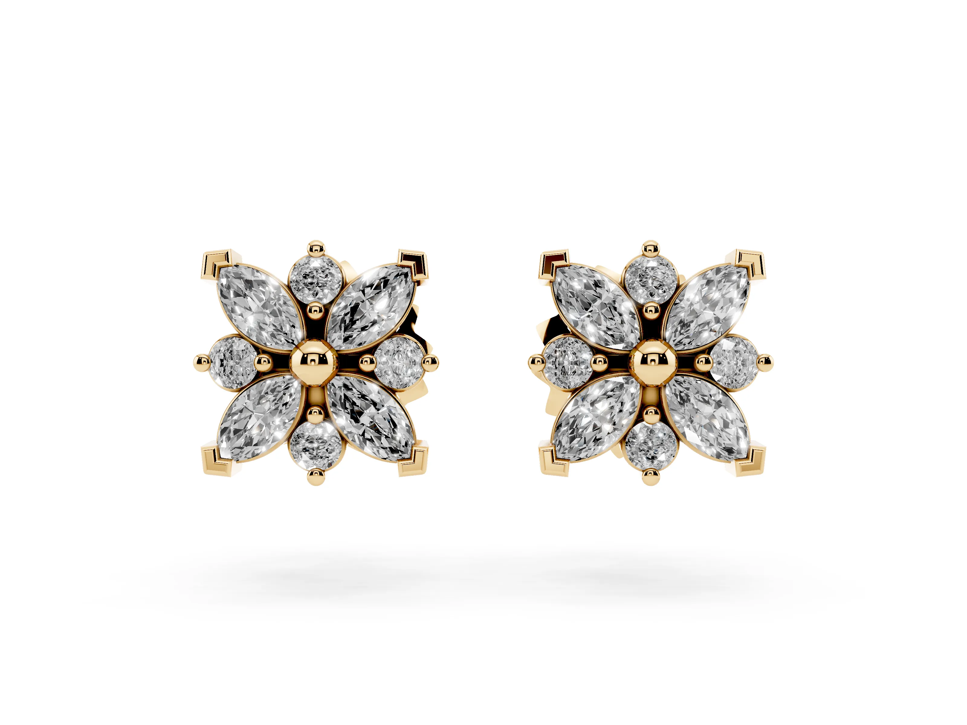 Marquise and Round Lab-Grown Diamond Petal Cluster Stud Earrings | Square Outline | Yellow Gold