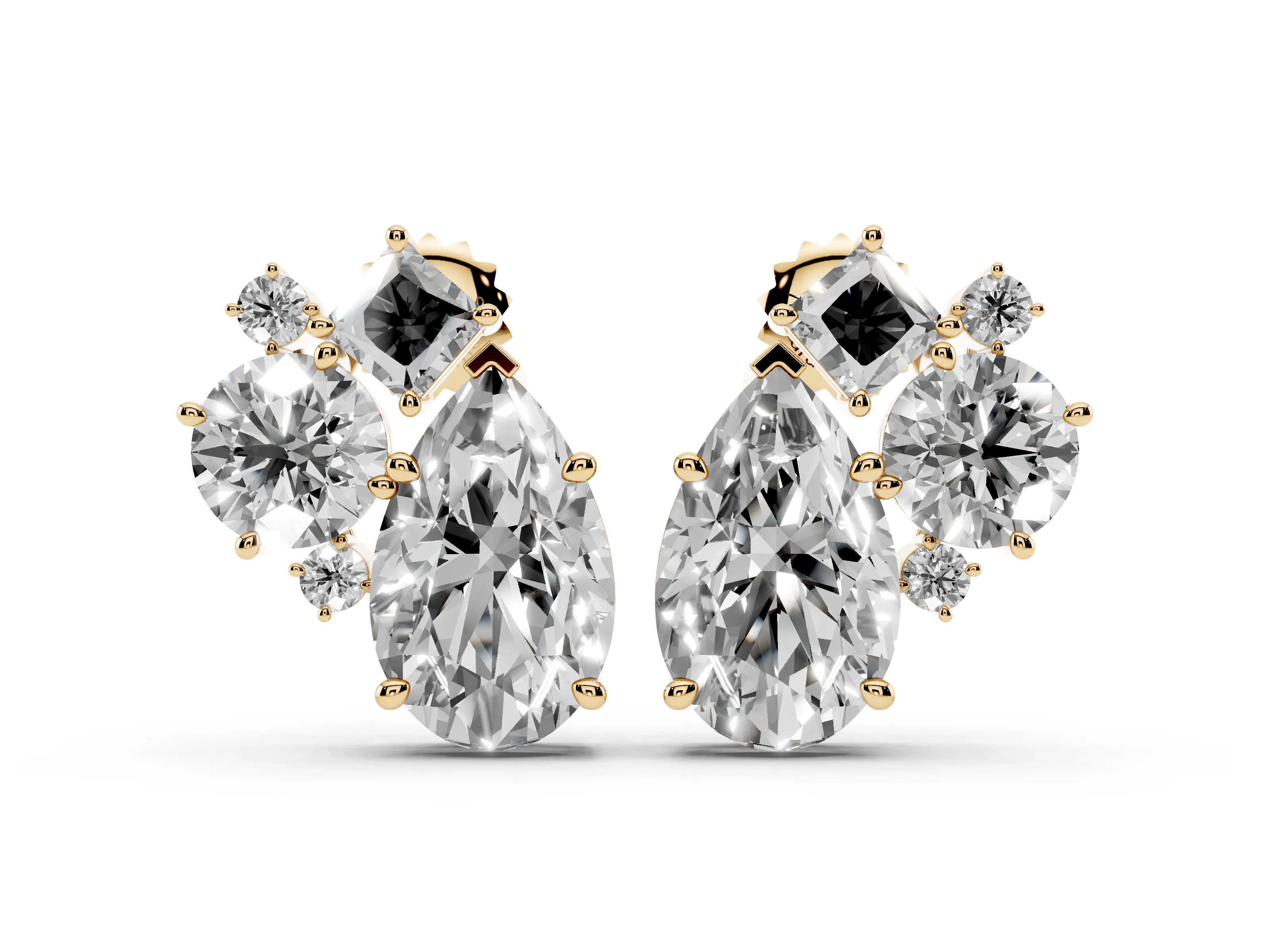 Multi-Shape Lab-Grown Diamond Mosaic Stud Earrings | Pear Princess and Round | Yellow Gold