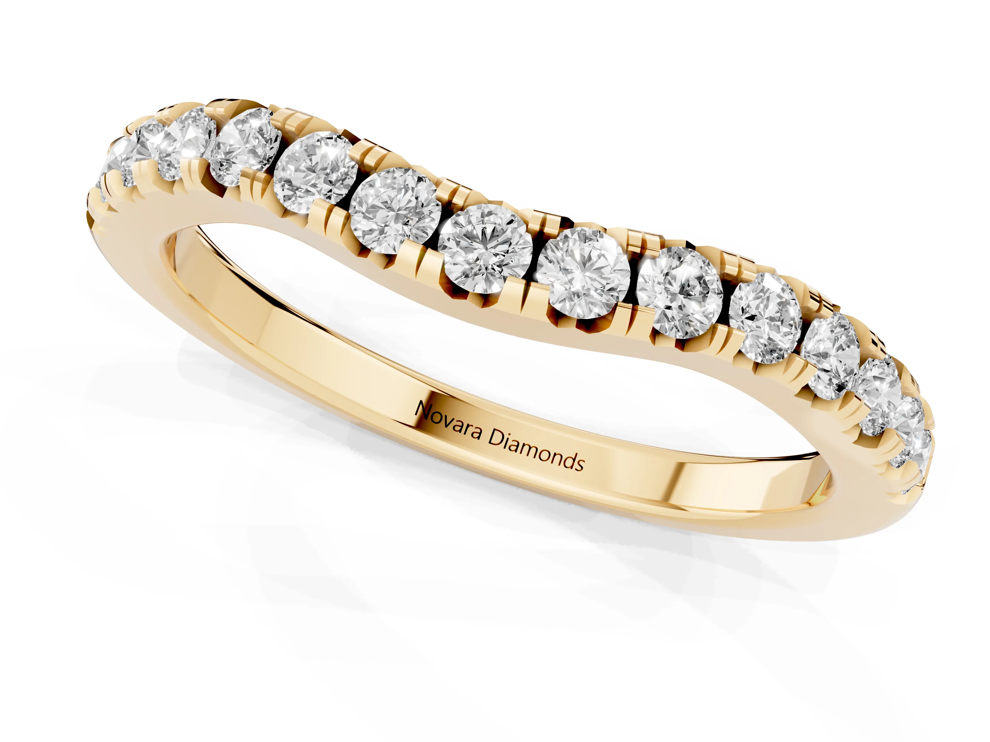 Round Diamond Curved Pavé Wedding Band Set in Yellow gold with Shared Prongs