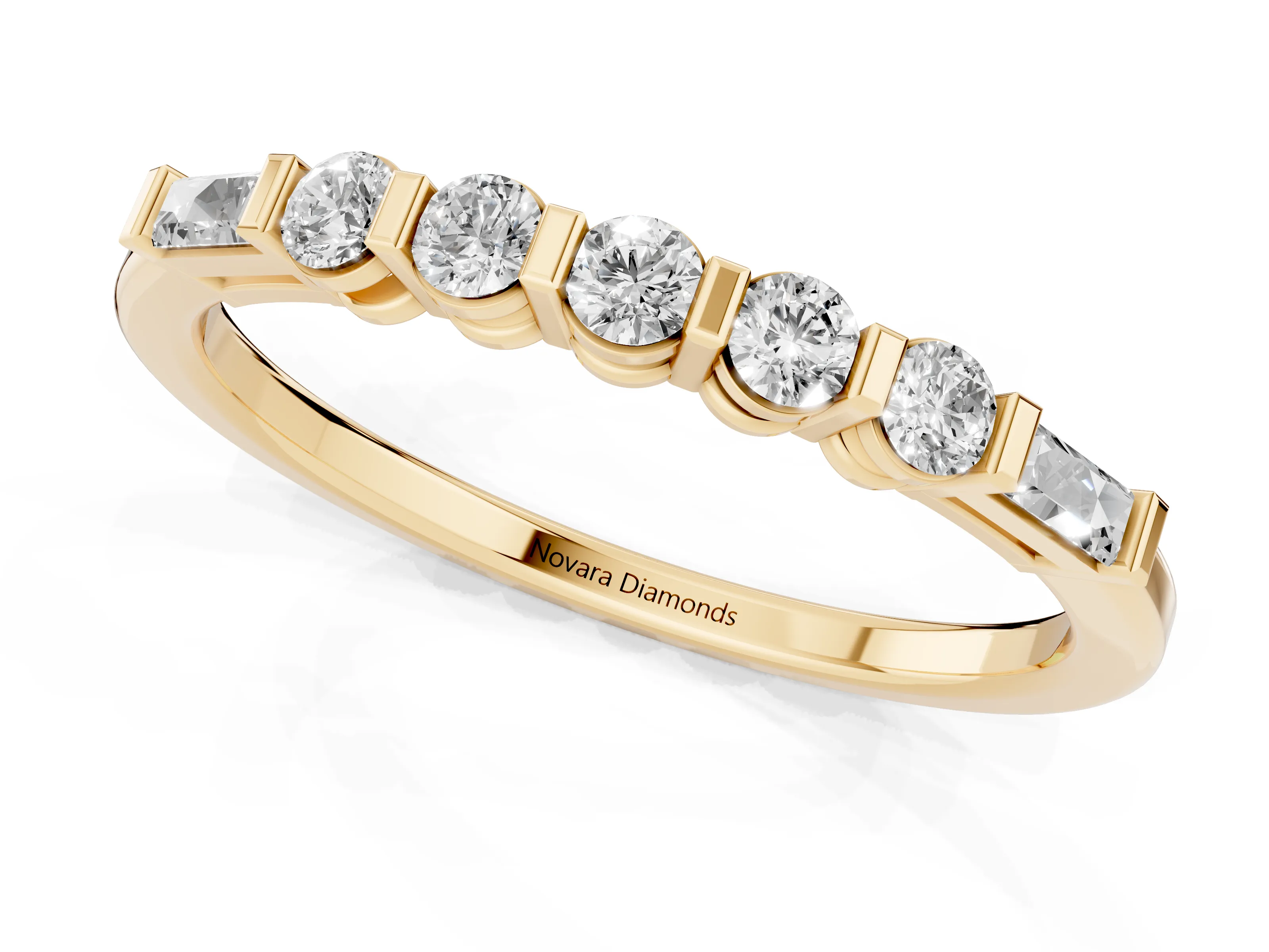 Round and Baguette Diamond Half Eternity Band Set in Yellow gold with Prong Setting