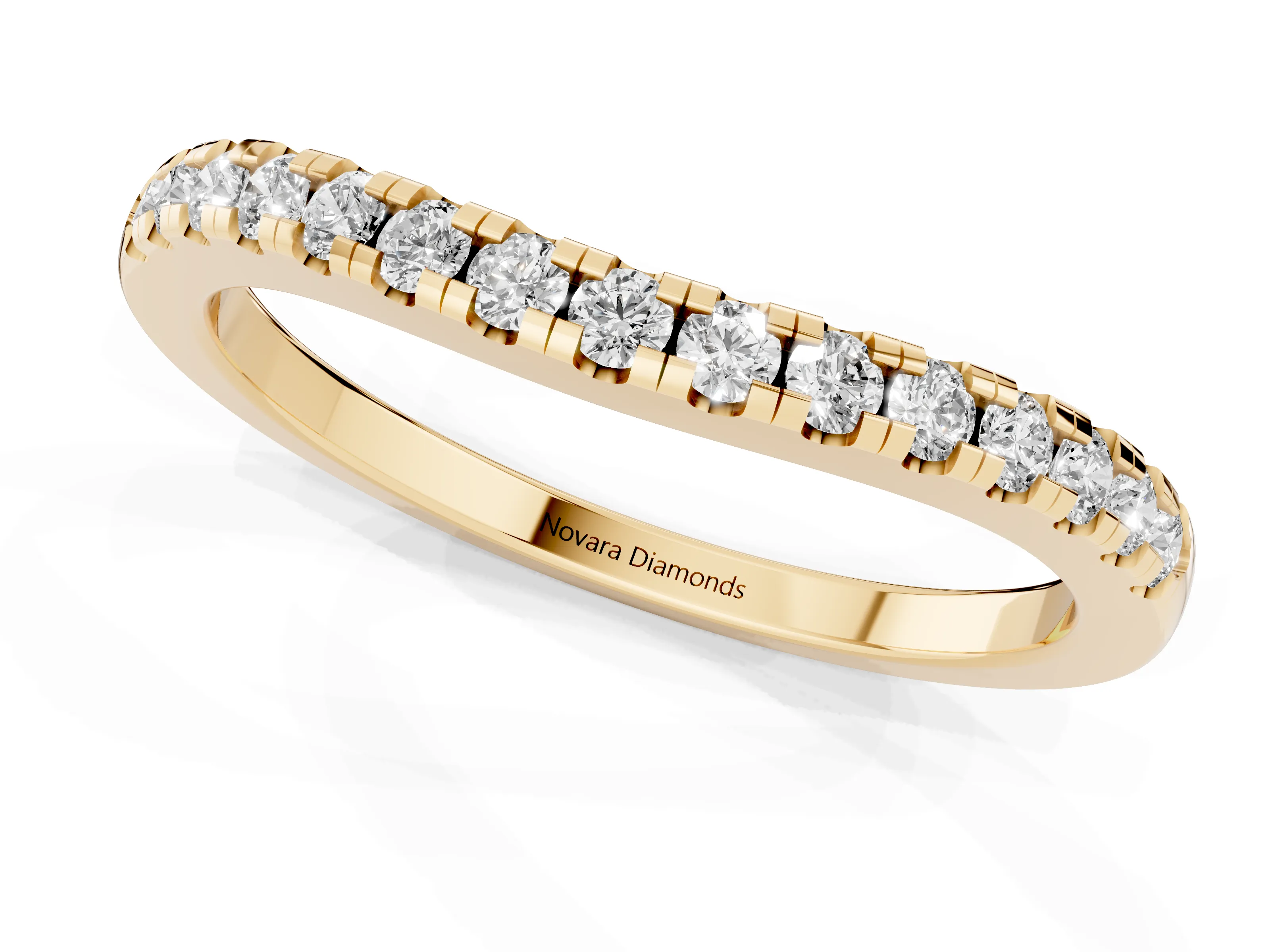 Round Diamond Curved Band Set in Yellow gold with Pavé Shared Prong Row